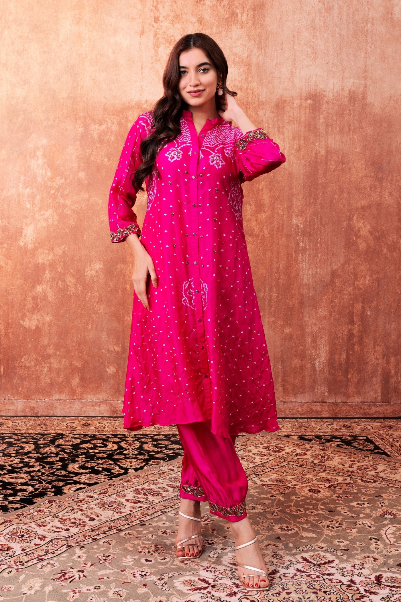 Rani Pink Bandhej Printed Embellished Kurta Set