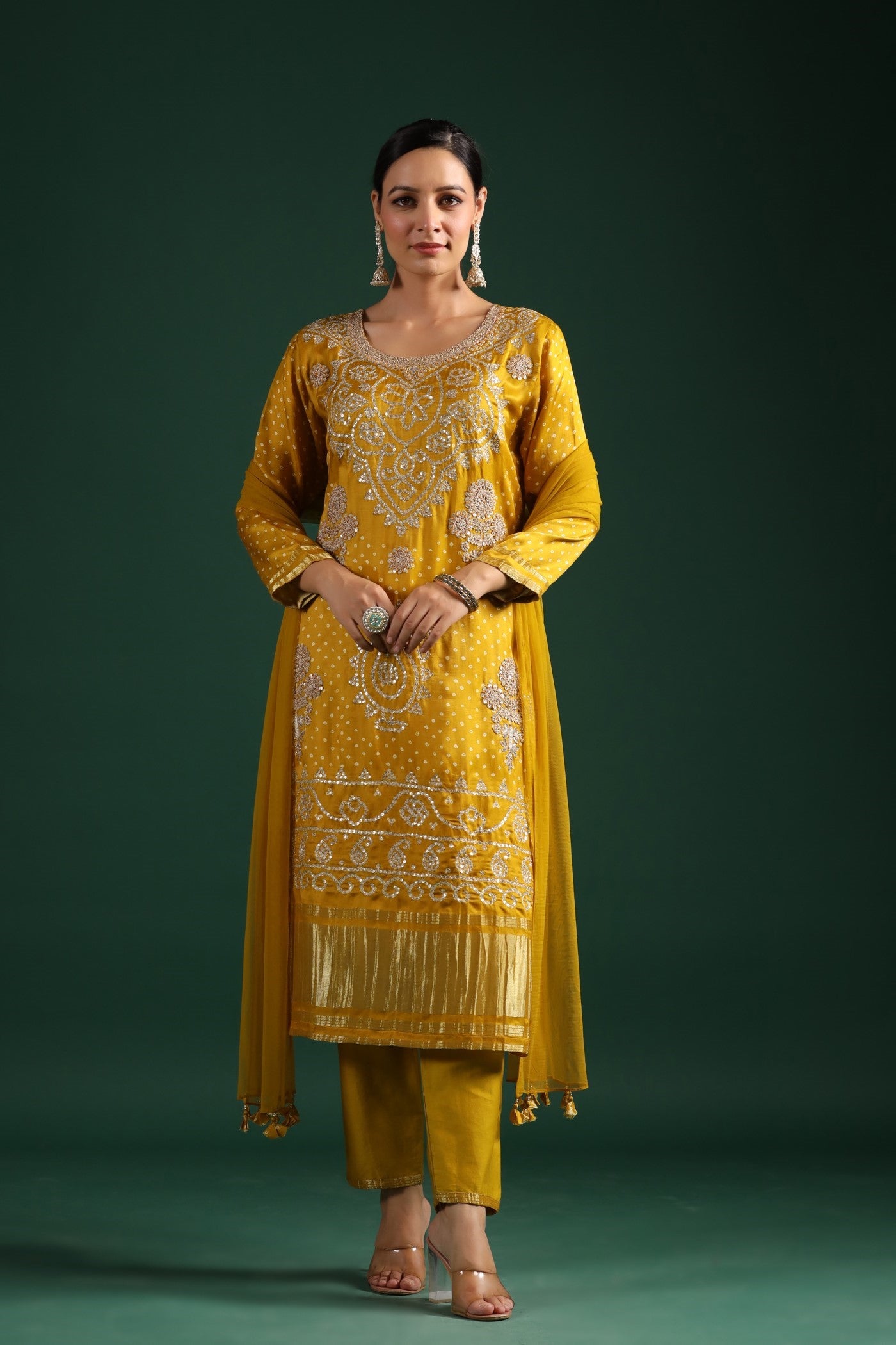 Mustard Bandhej Gajji Silk Kurta Set