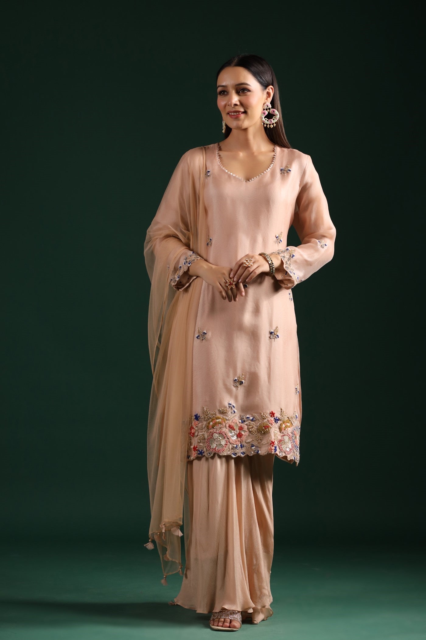 Pastel Pink Gota Patti & Mirror Embroidered Kurta Pallazo Set with Scalloped Dupatta
