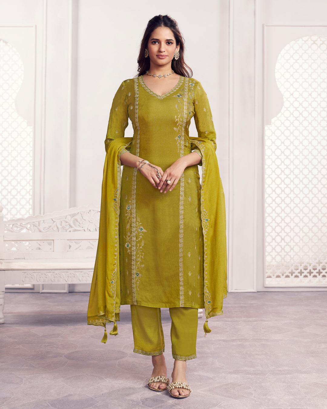 Sage Charm Embellished Dola Silk Pant Set