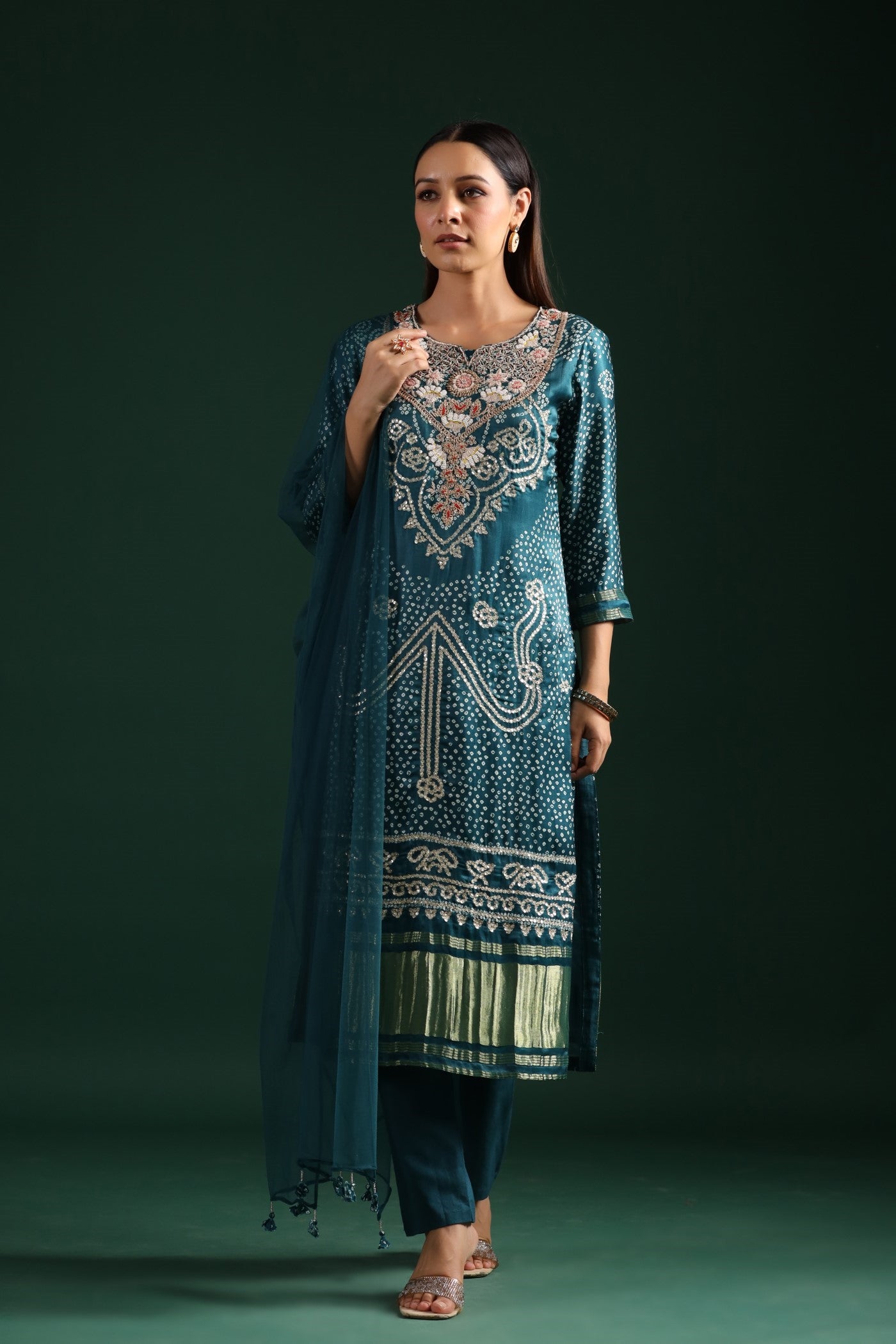 Teal Blue Bandhani Embroidered Kurta Set