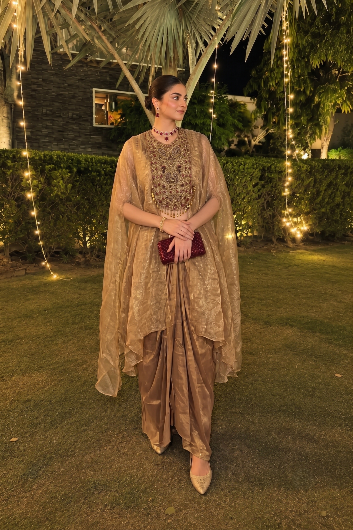 Peach Gold Embellished Shimmer Tissue Silk Skirt Set