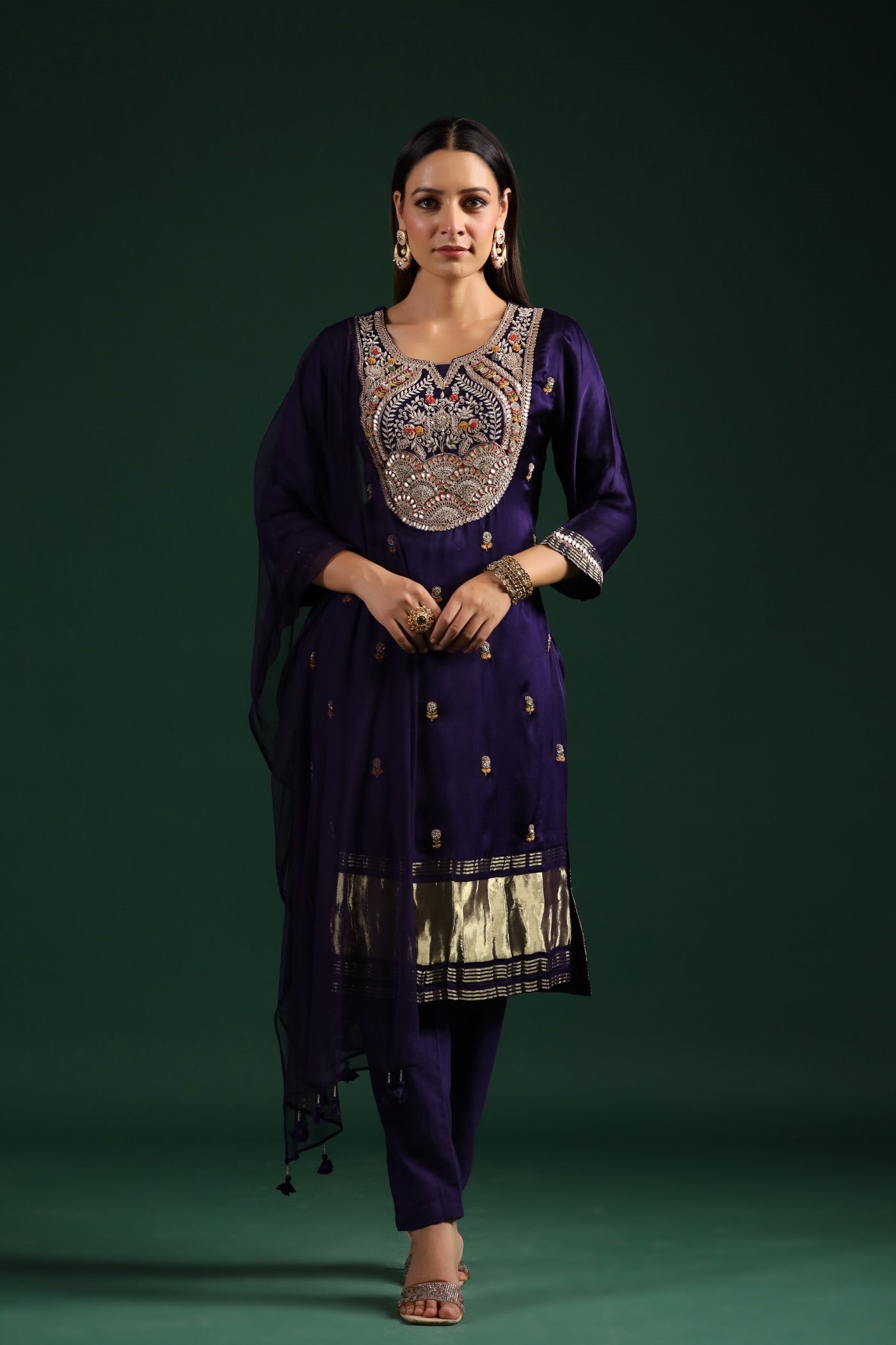 Violet Embellished Gazzi Silk Pant Set