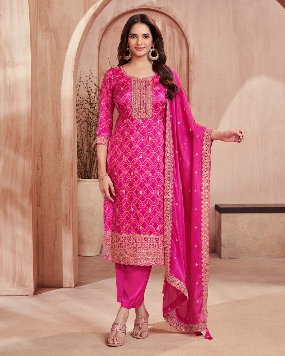 Fuchsia Regal Embellished Dola Silk Pant Set