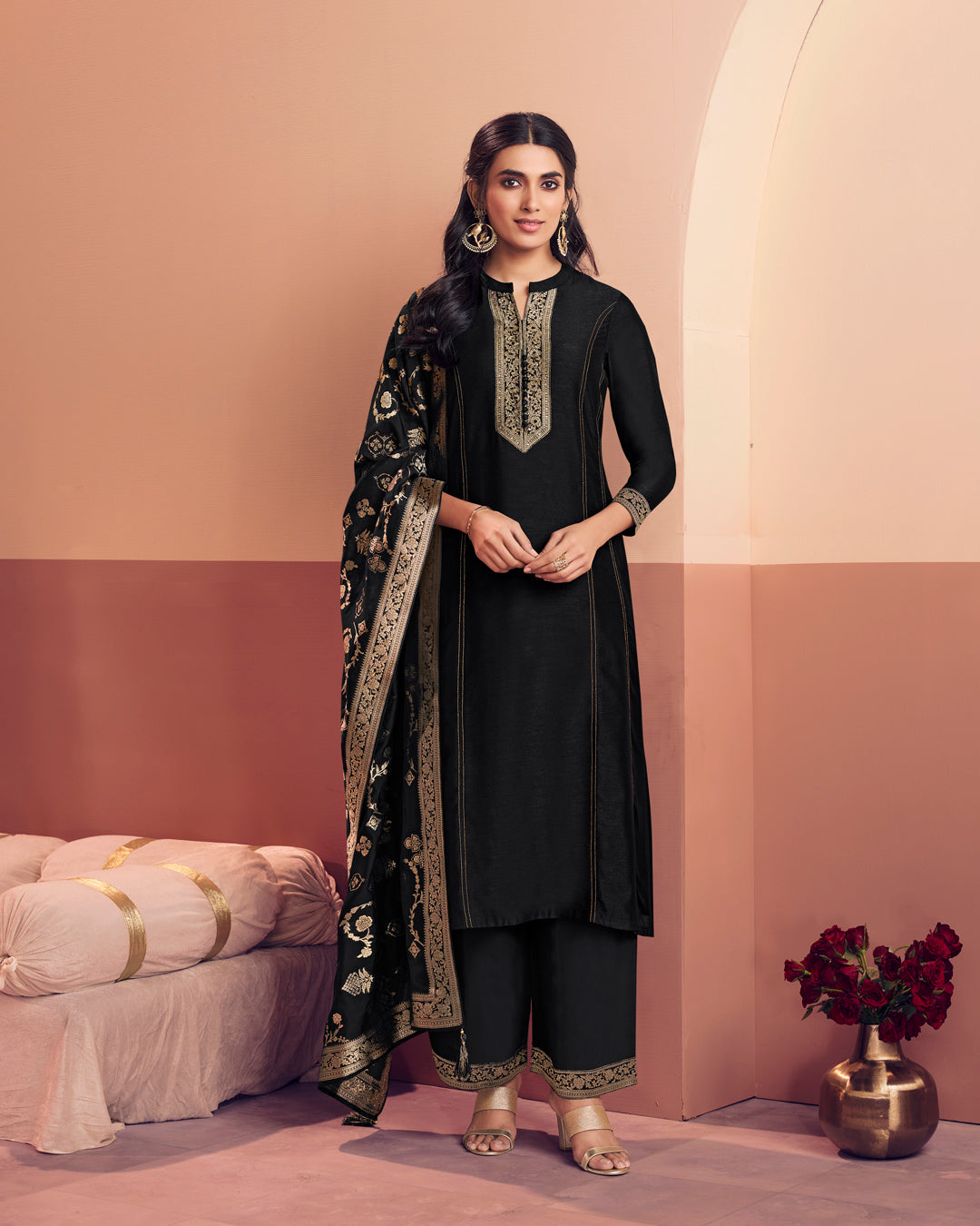 Noir Royale Embellished Vichitra Silk Pant Set