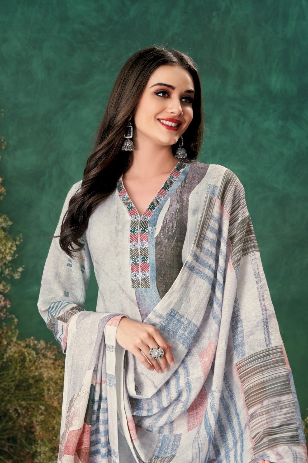 Rhino Grey Graphic Printed Linen Silk Pant Set