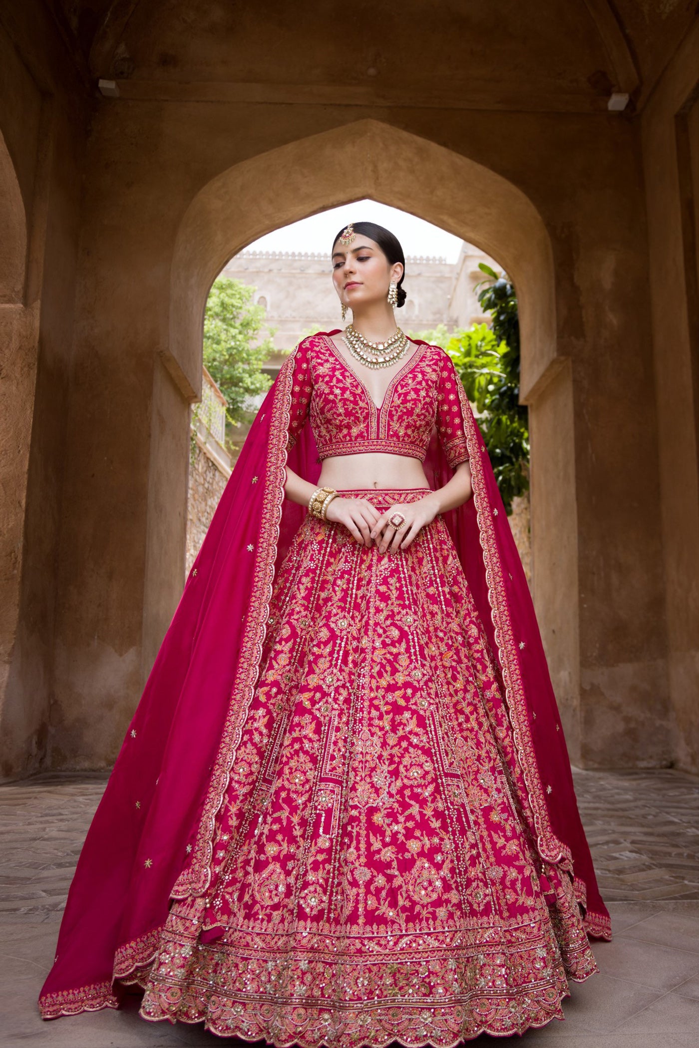 Ruby Pink Heavy Embroidered Lehenga Set