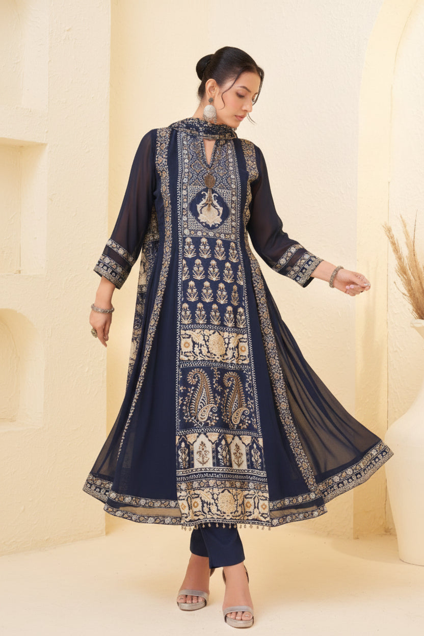 Aegean Blue Embellished Georgette Silk Anarkali Set