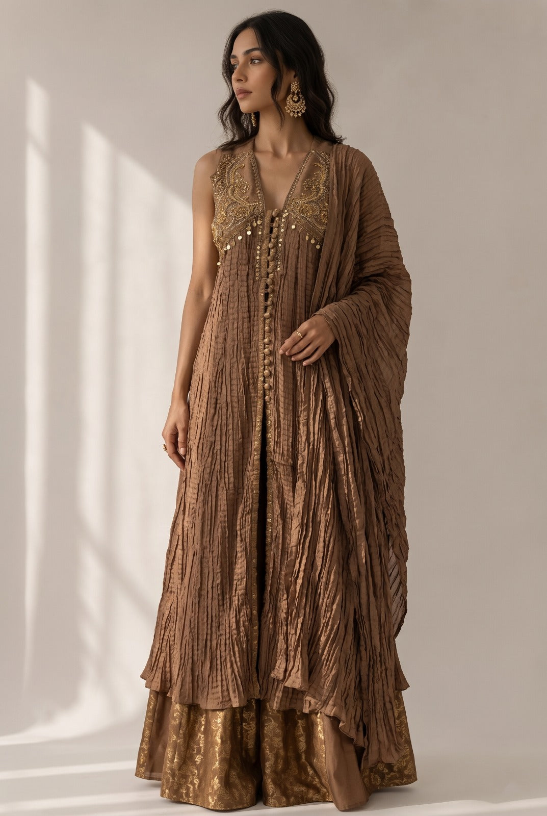 Chestnut Brown Embellished Crushed Silk Palazzo Set