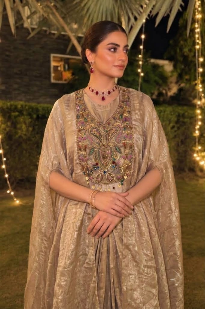 Brown Gold Embellished Shimmer Tissue Silk Skirt Set