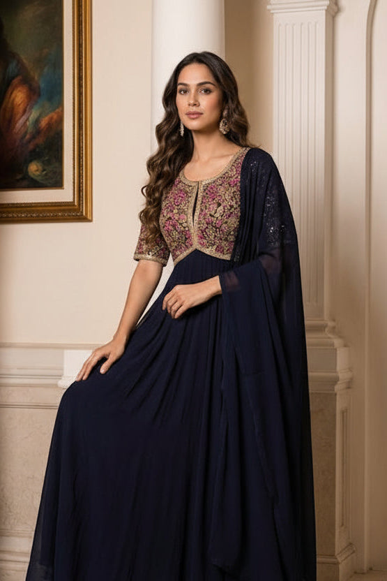 Deep Eclipse Blue Embellished Georgette Silk Anarkali Set