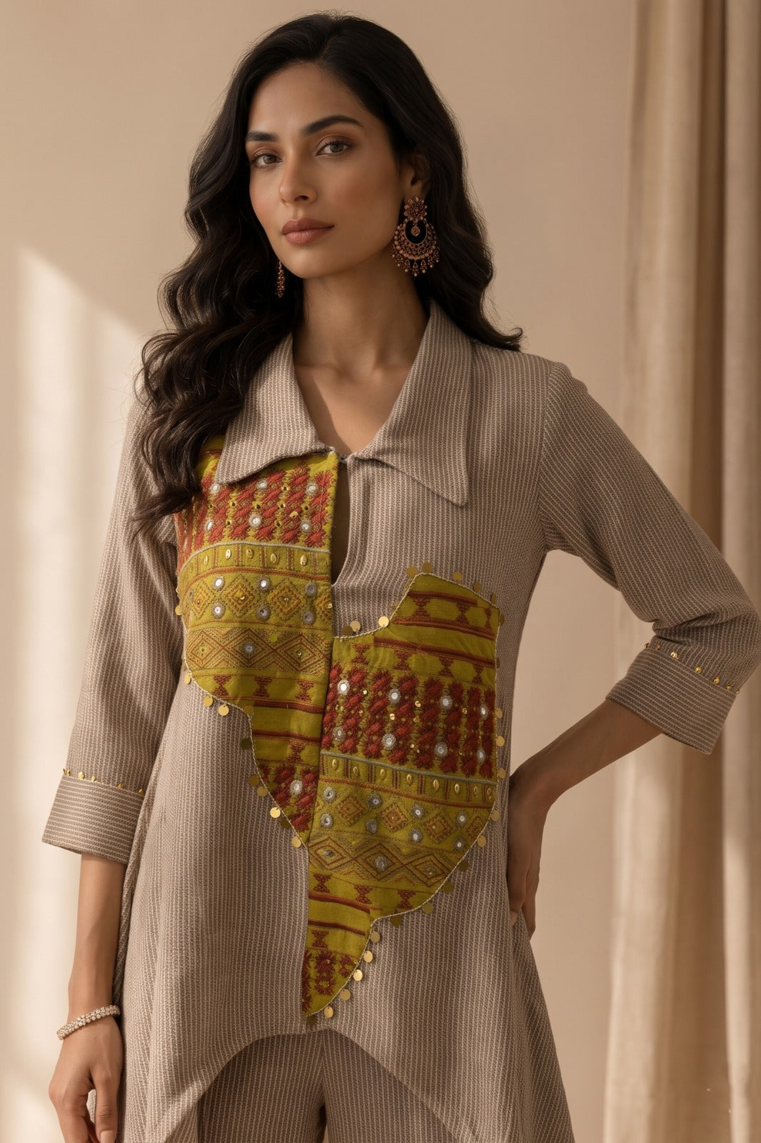Beige Brown Woven Cotton Tweed Co-Ord Set