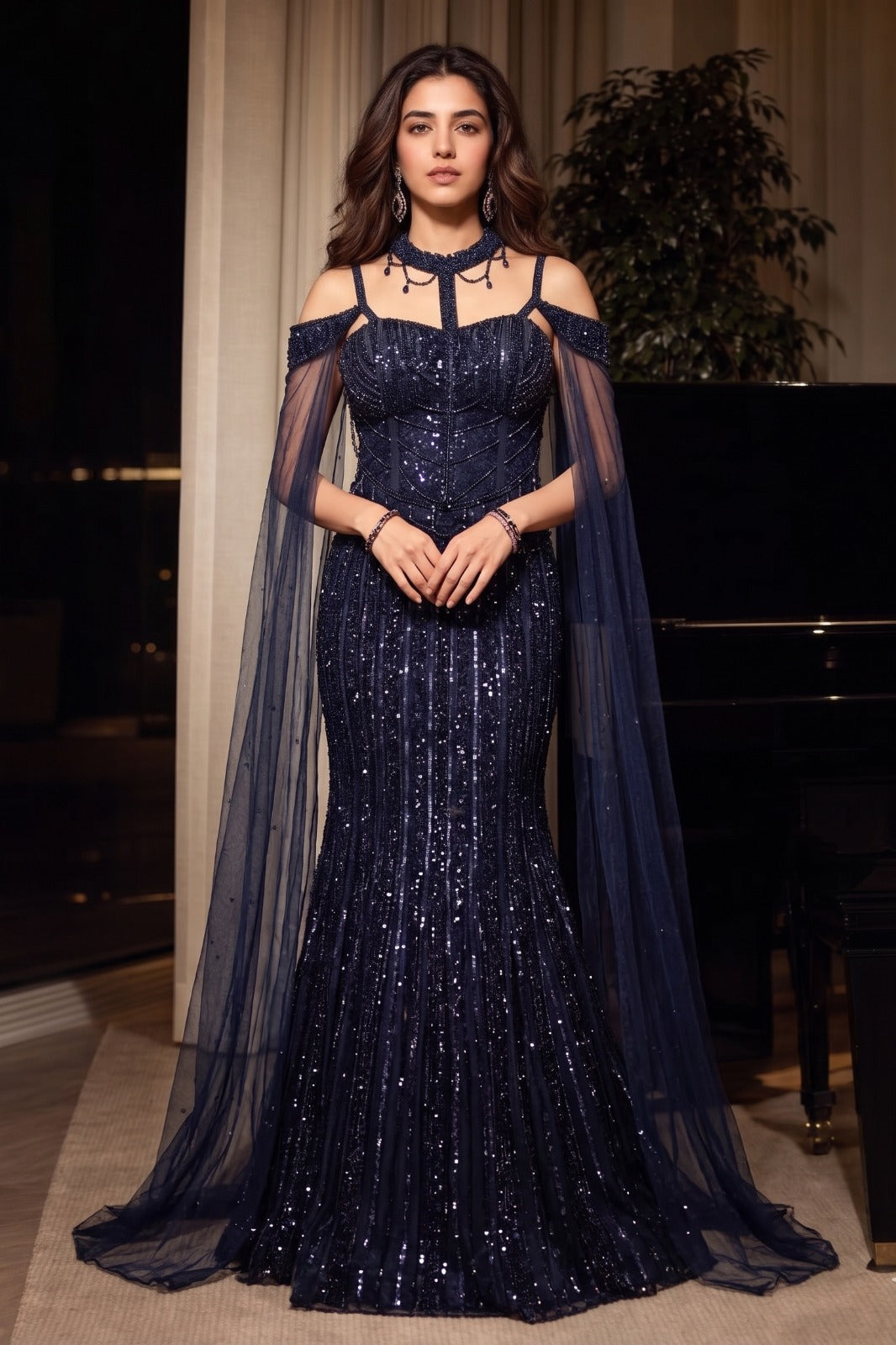 Navy Regal Embellished Premium Net Lehenga Set