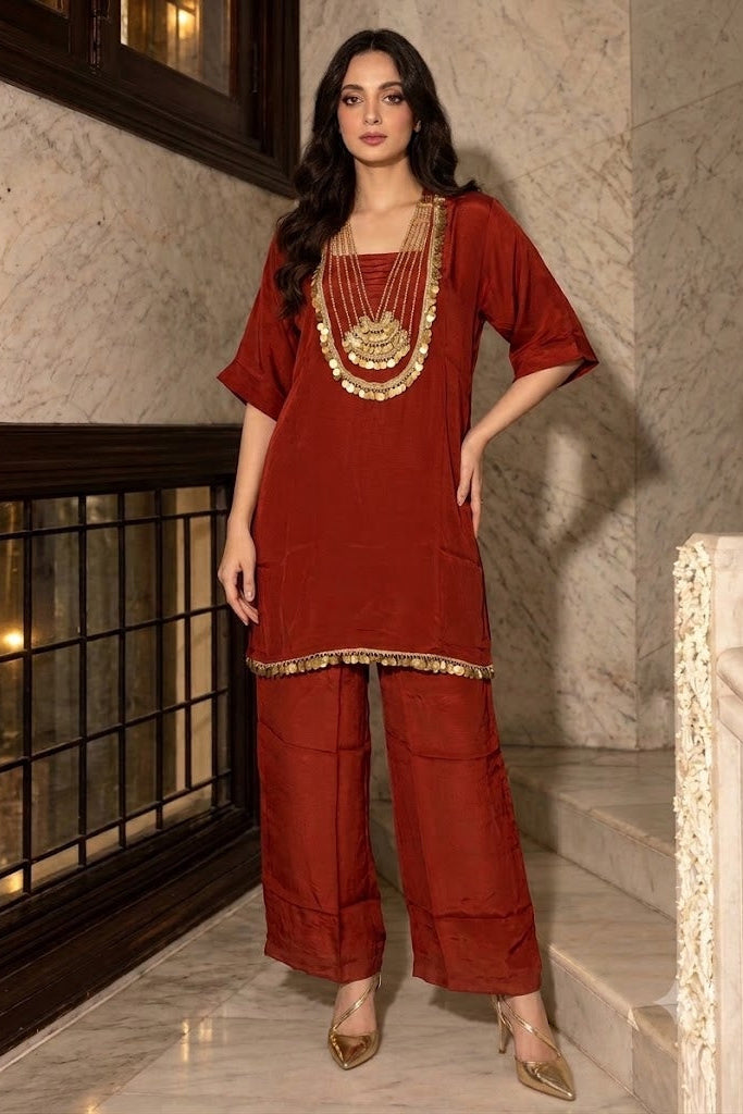 Deep Rust Orange Embellished Crepe Silk Palazzo Set