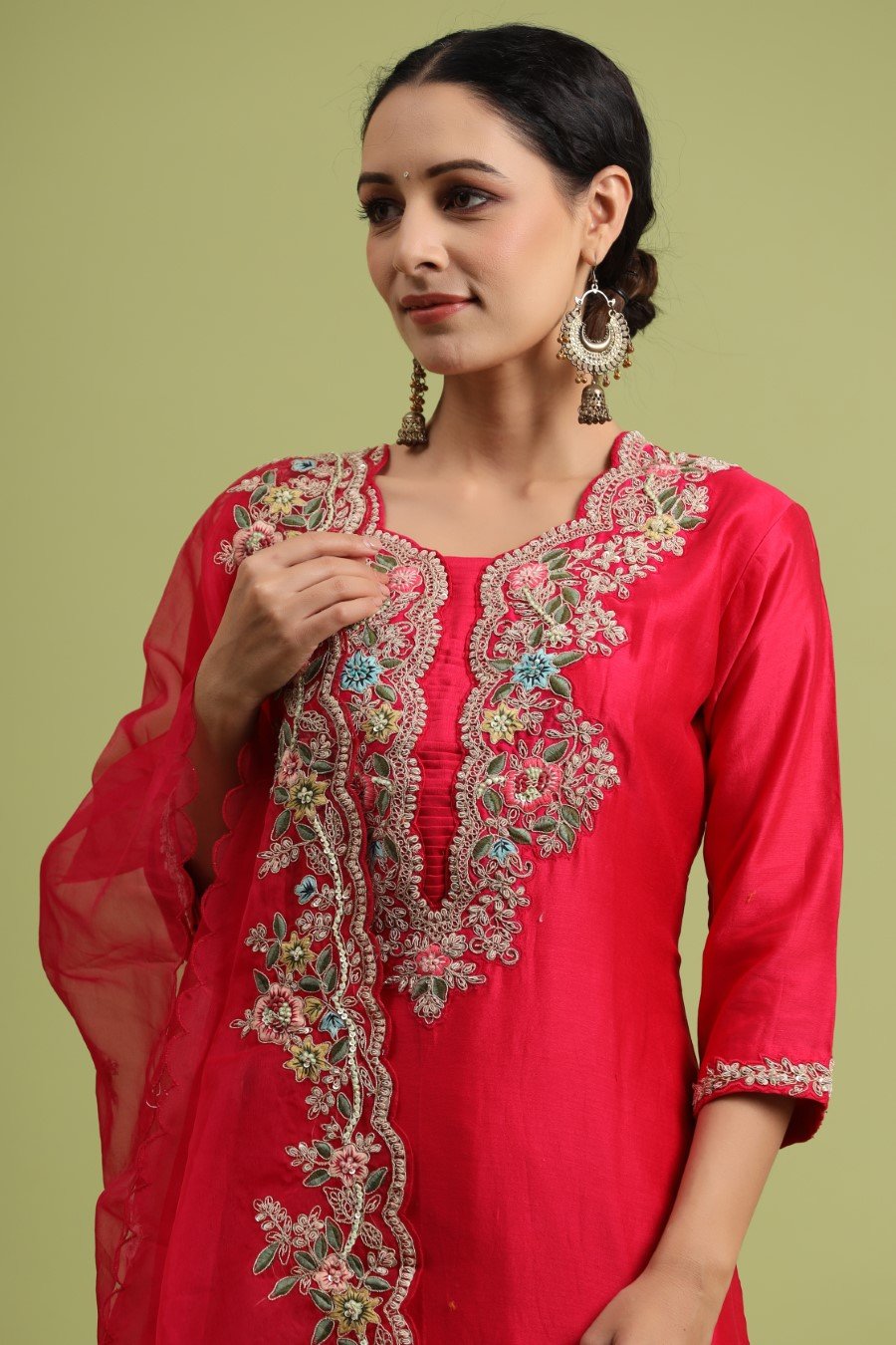 Red Modal Chanderi Embroidered Palazzo Set