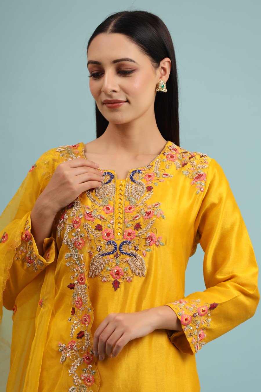 Festive Yellow Modal Chanderi Embroidered Kurta Set