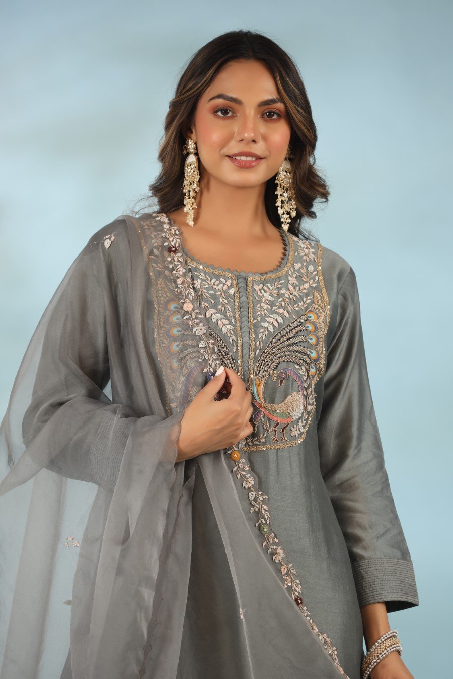 Grey Organza Silk Embroidered Kurta Set