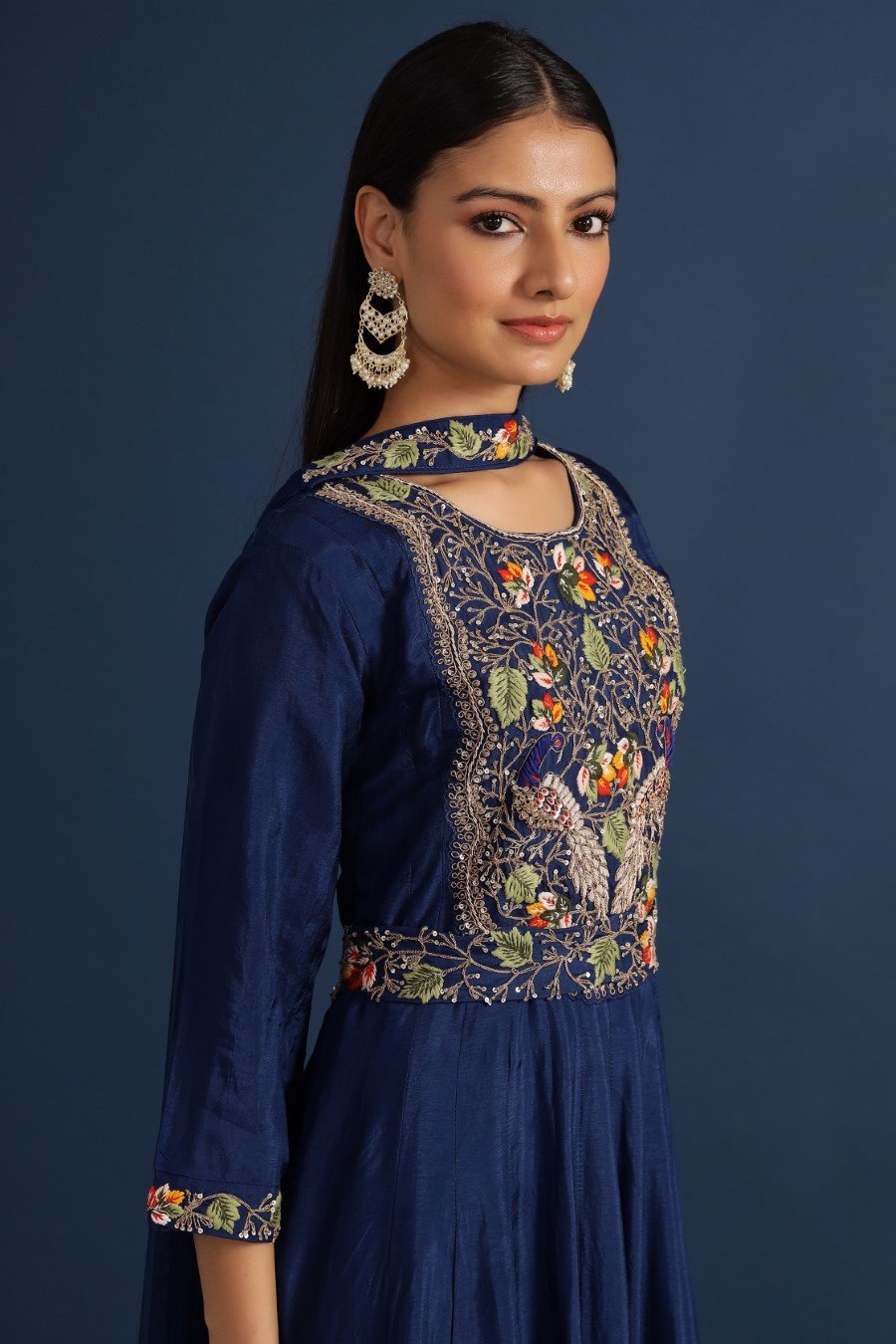 Navy Blue Kashmiri Silk Embroidered Anarkali with Dupatta