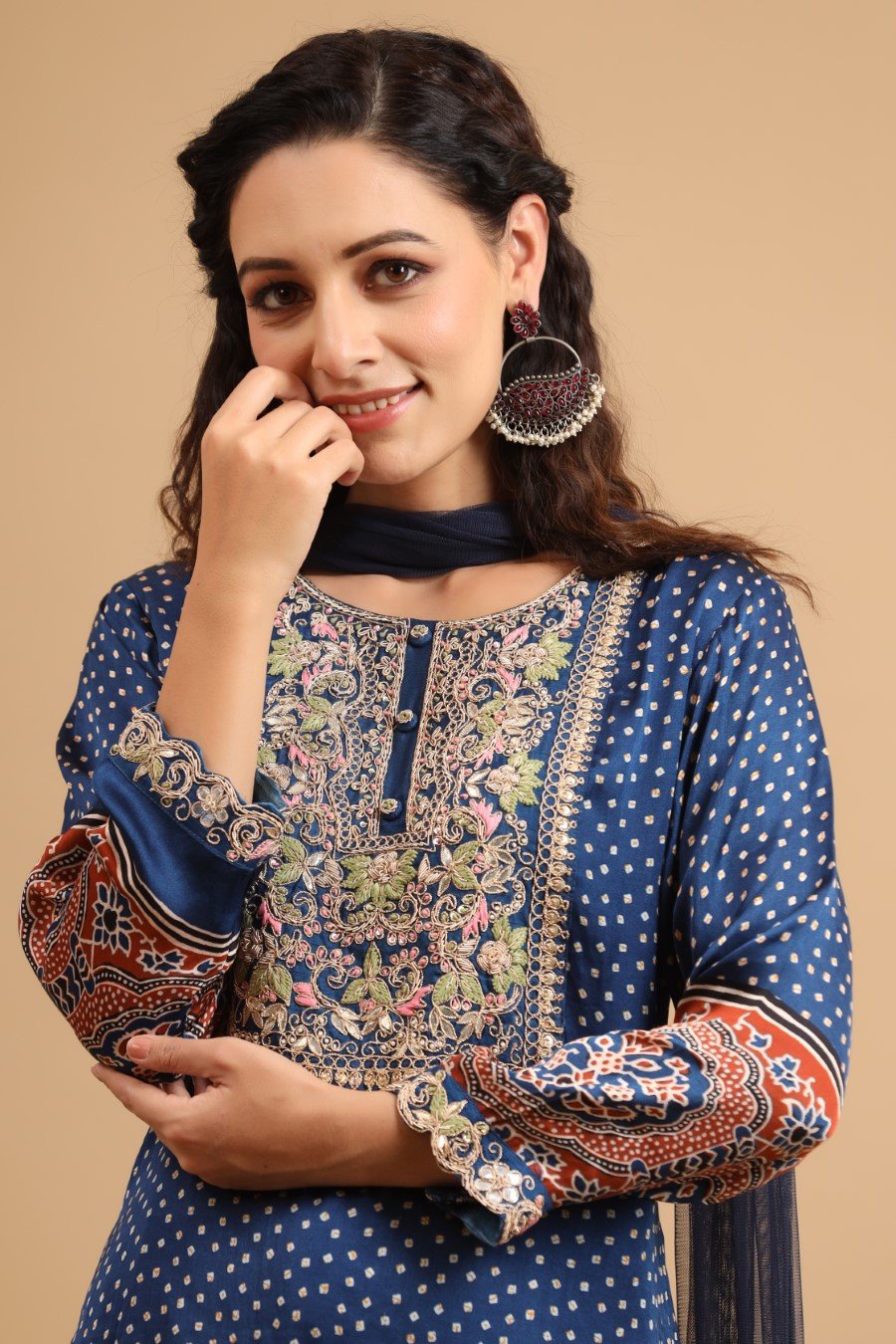 Royal Blue Bandhani & Ajrakh Printed Kurta Set