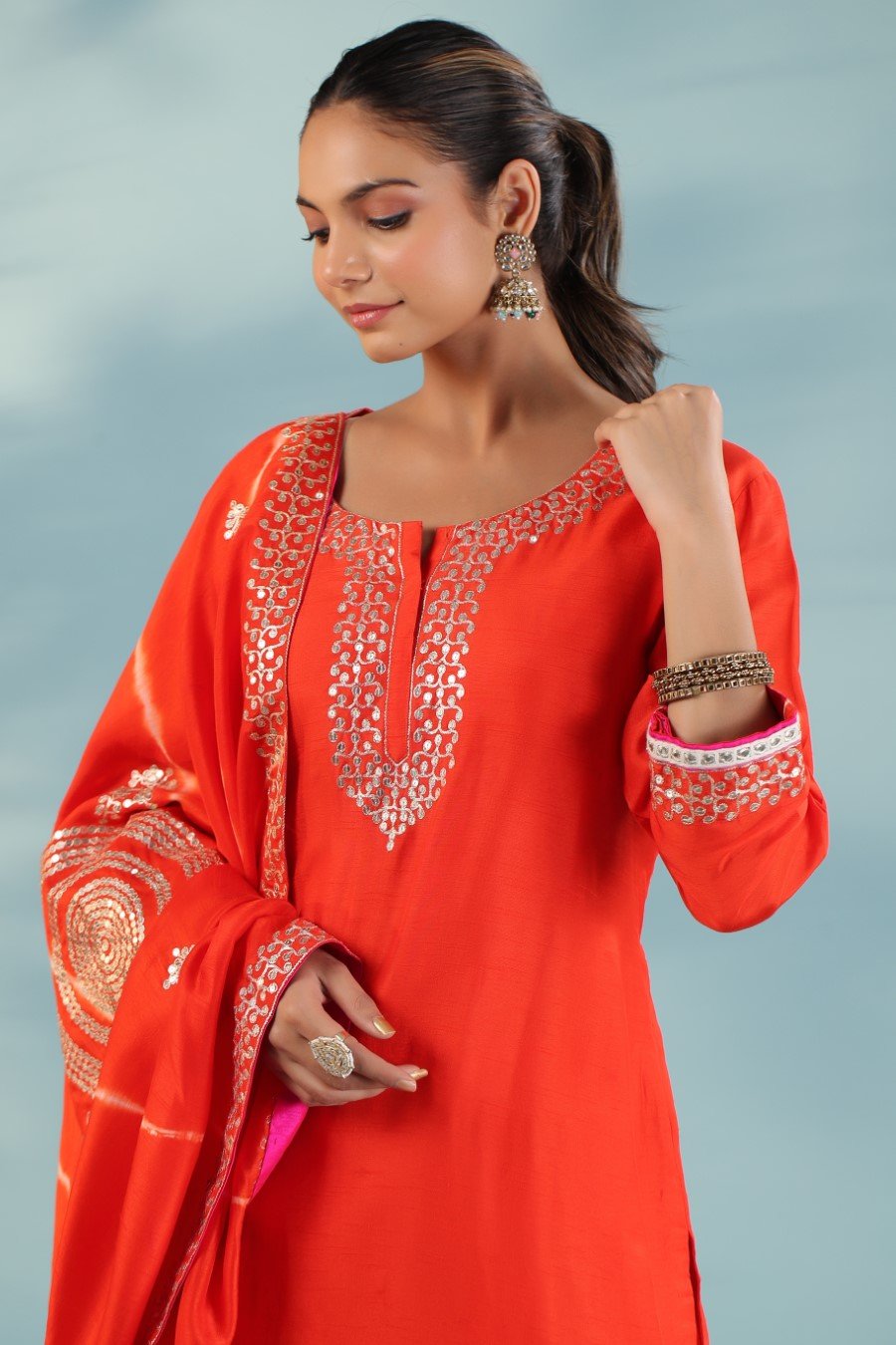 Orange Chanderi Silk Embroidered Kurta Palazzo Set