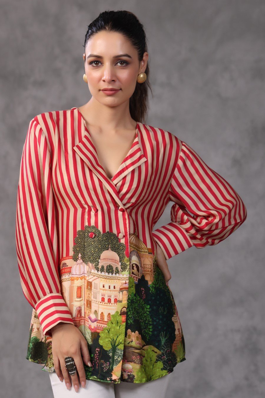 Red Striped Digital Printed Modal Satin Top