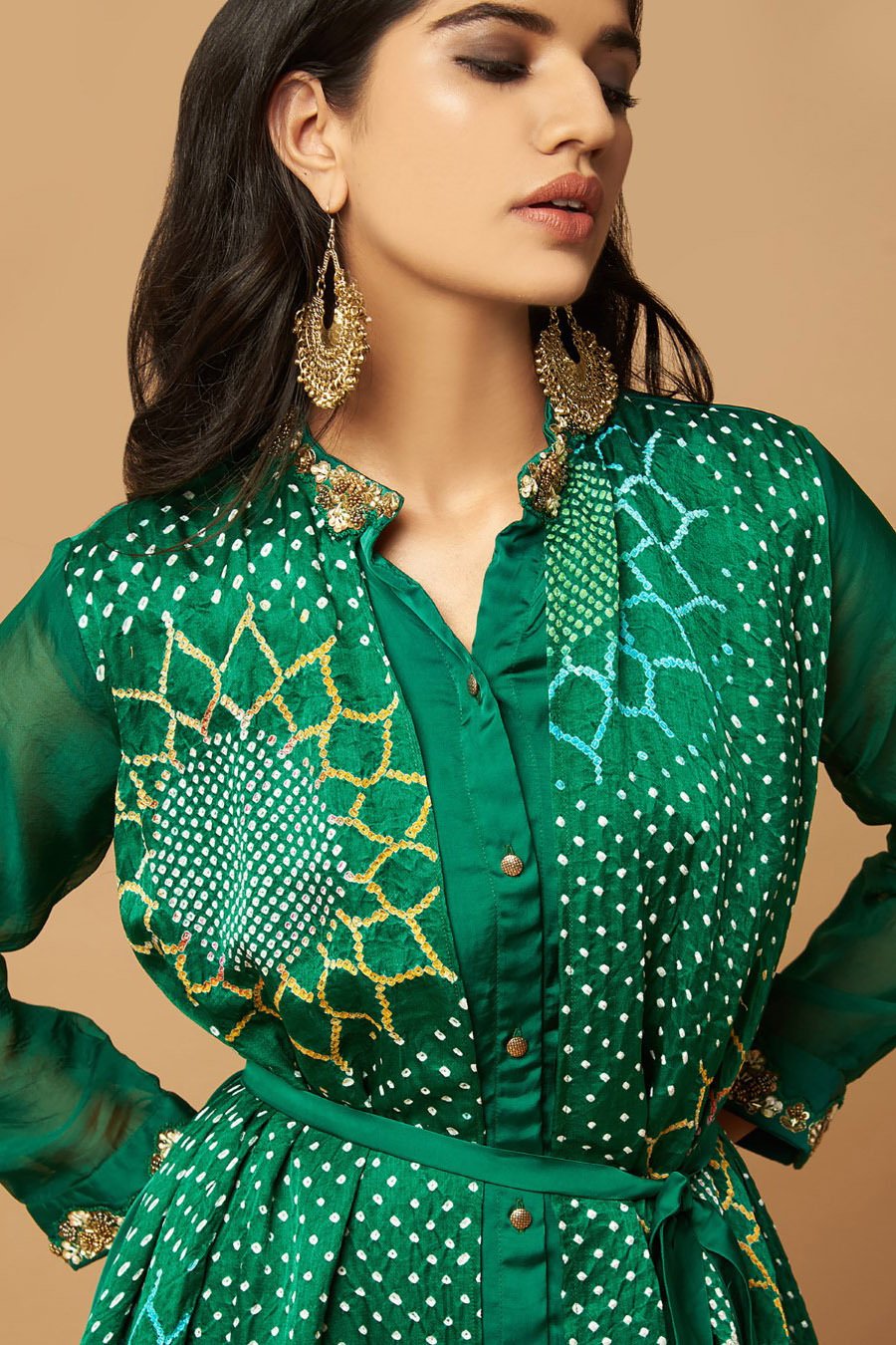 Emerald Green Gajji Silk Bias Tunic With Palazzo
