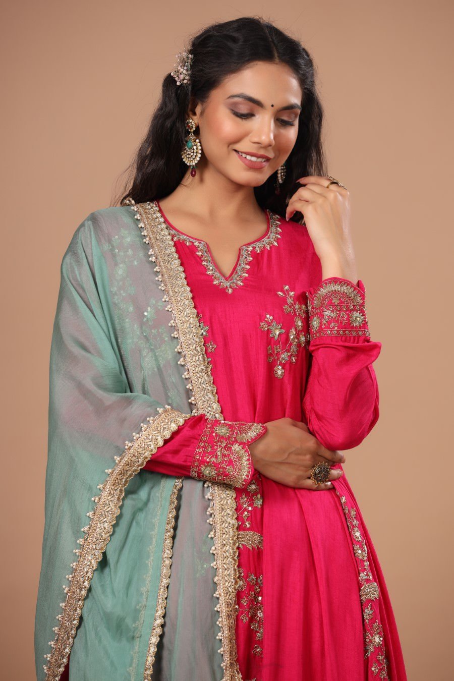 Festive Rani Pink Russian Silk Embellished Kurta Pant Set With Dupatta