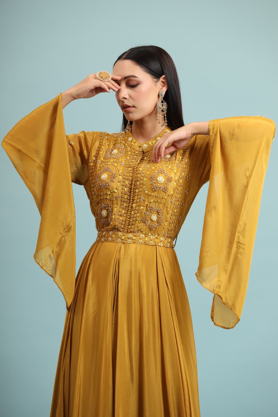 Mustard Embellished Chinon Silk Gown