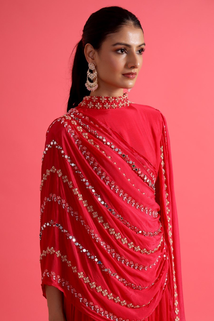 Reddish Pink Embellished & Draped Chinon Silk Gown