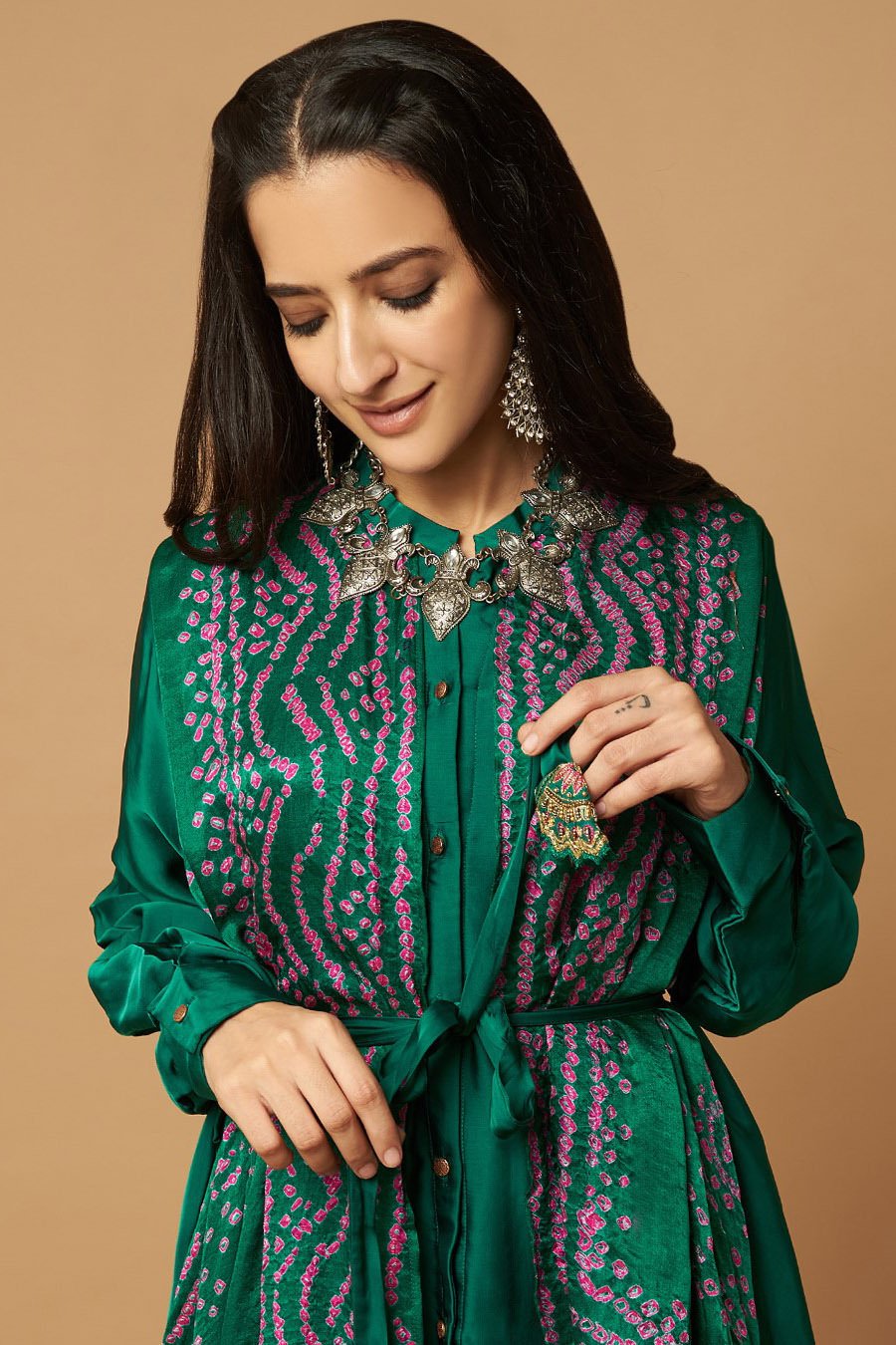 Emerald Handmade Bandhani Draped Tunic With Palazzo