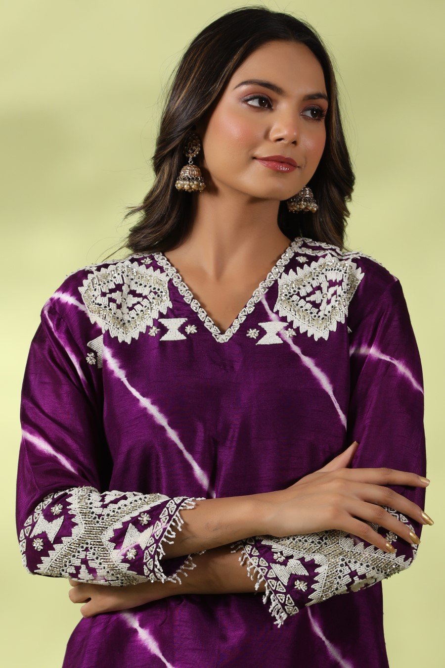 Purple Tie-dyed &amp; Embroidered Asymmetrical Kurta with Palazzo