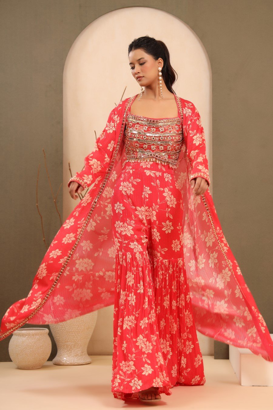 Bright Pink Embellished & Printed Sharara with Cape