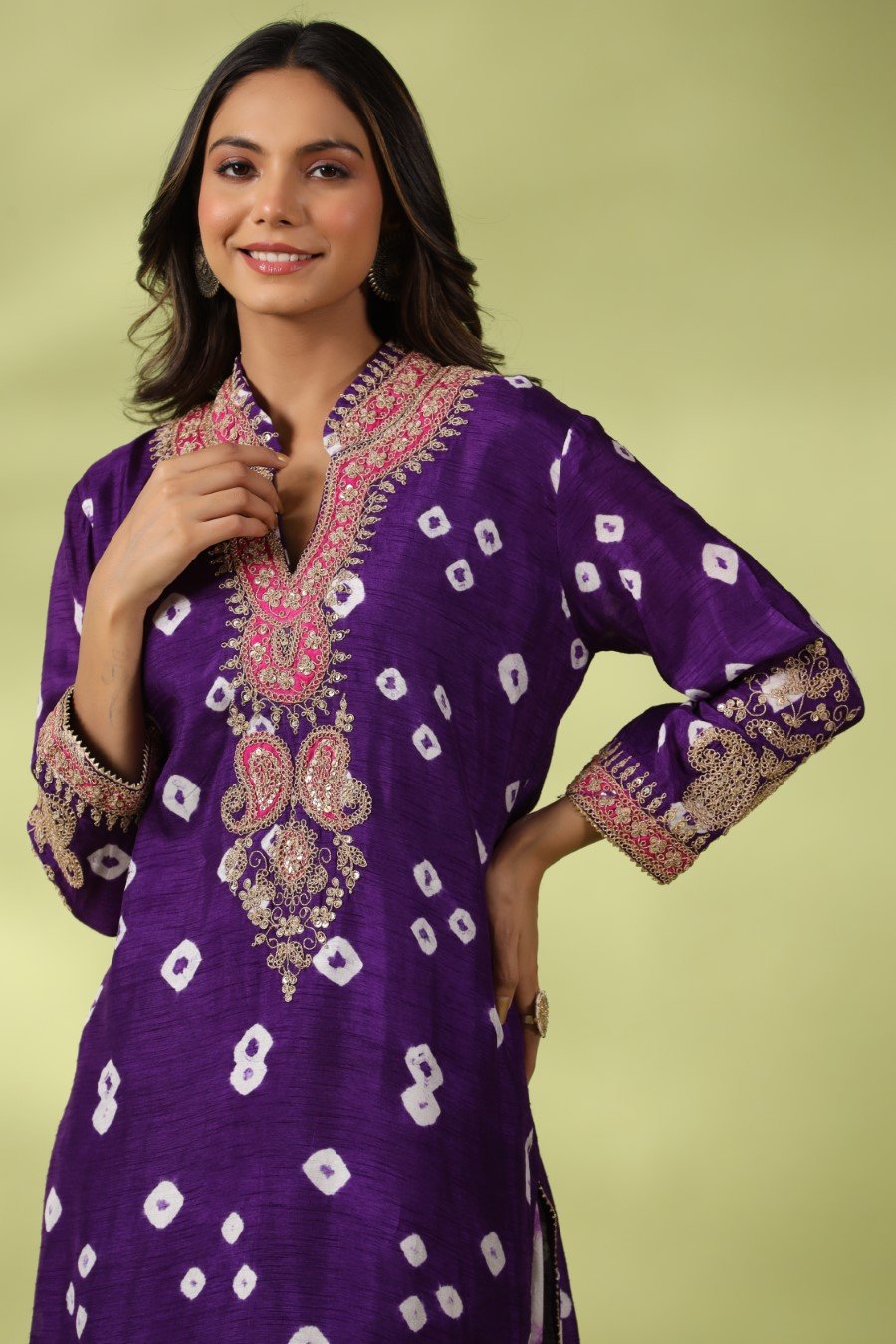 Purple Bandhej &amp; Zari Embroidered Kurta with Palazzo