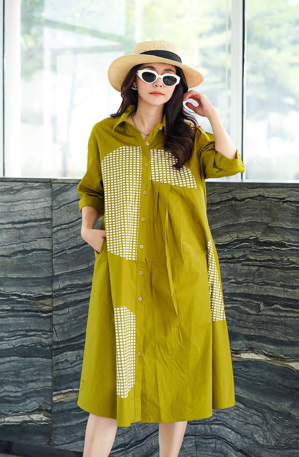 Olive Mustard Geometric Printed Cotton Dress