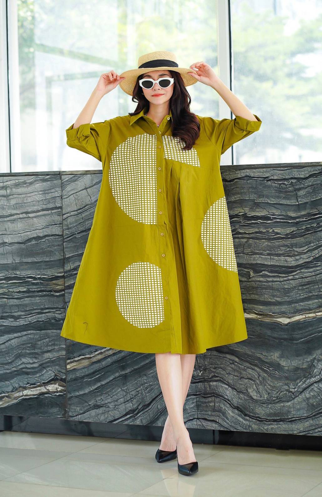 Olive Mustard Geometric Printed Cotton Dress
