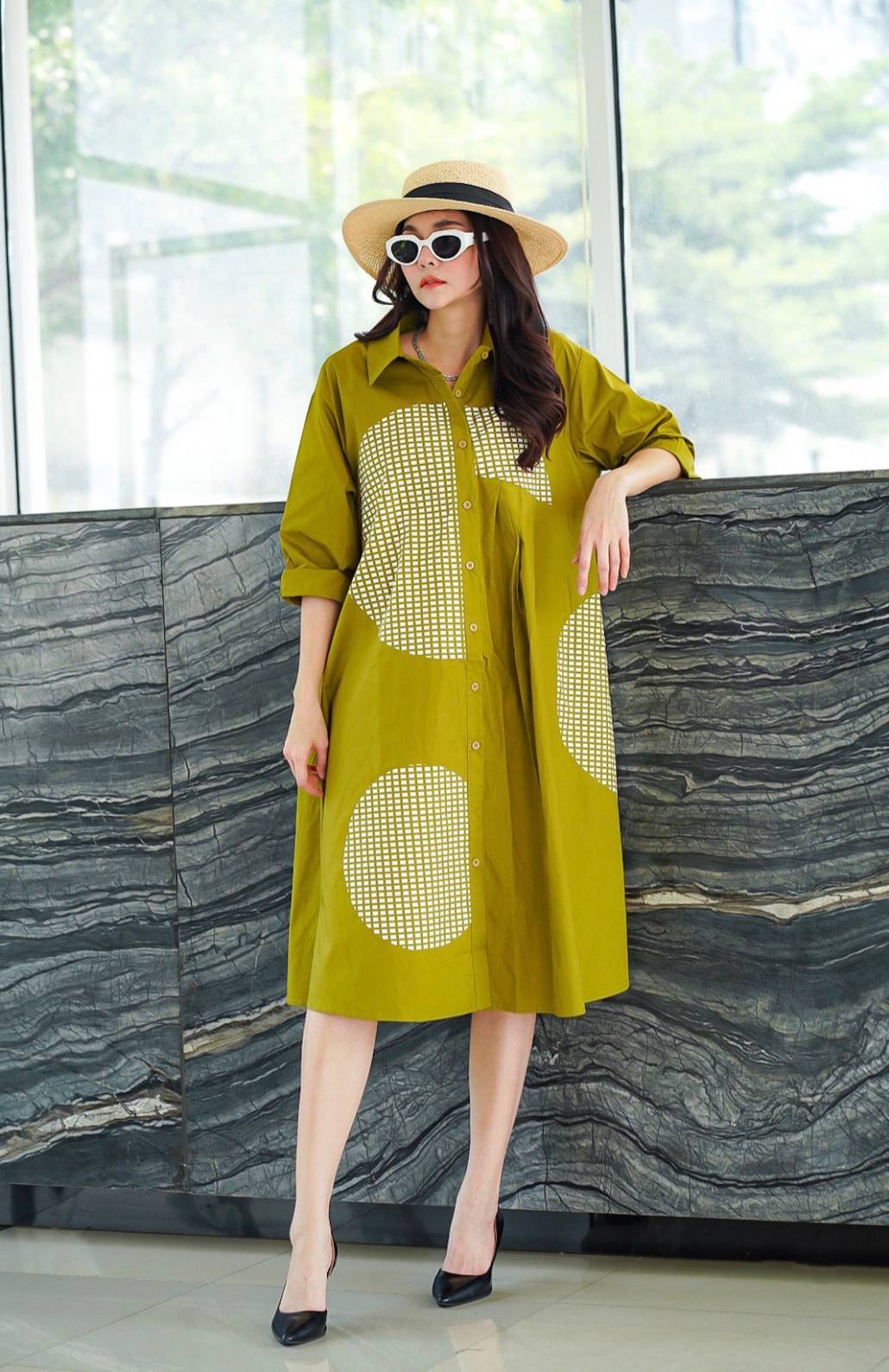 Olive Mustard Geometric Printed Cotton Dress