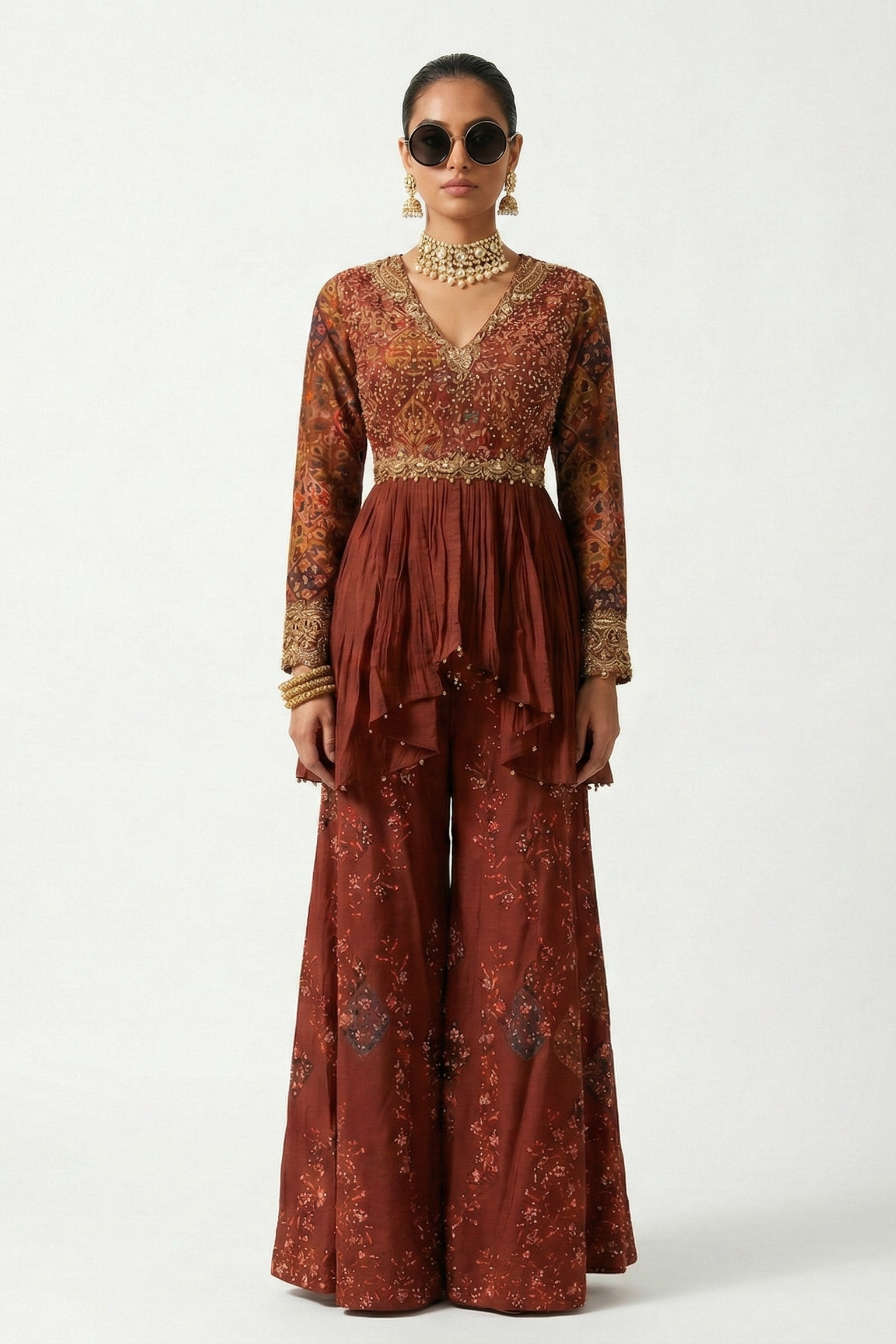 Rust Red Embellished Satin Silk Palazzo Set
