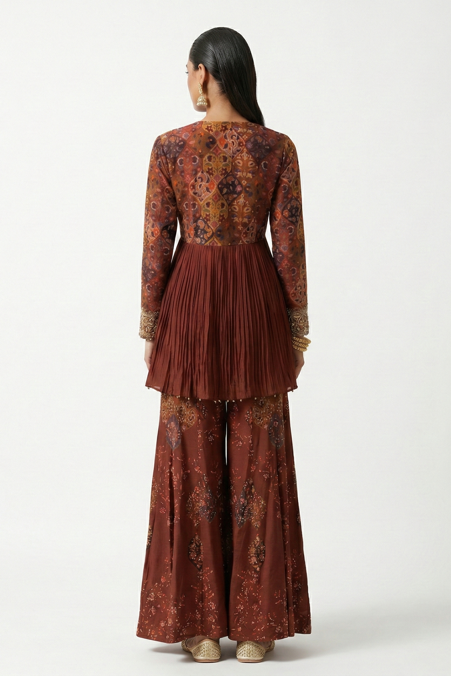 Rust Red Embellished Satin Silk Palazzo Set