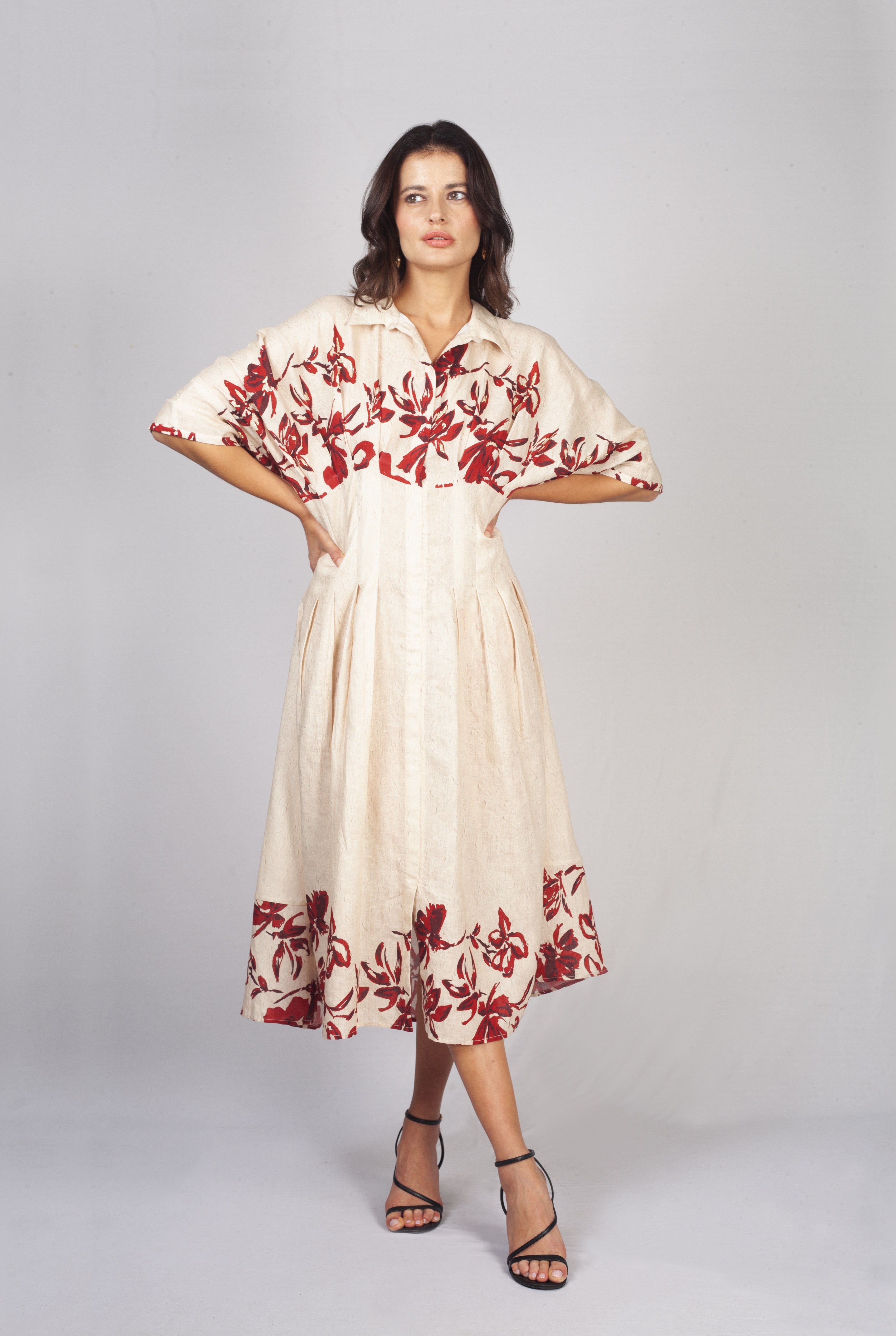 Camel Beige Printed Linen Dress