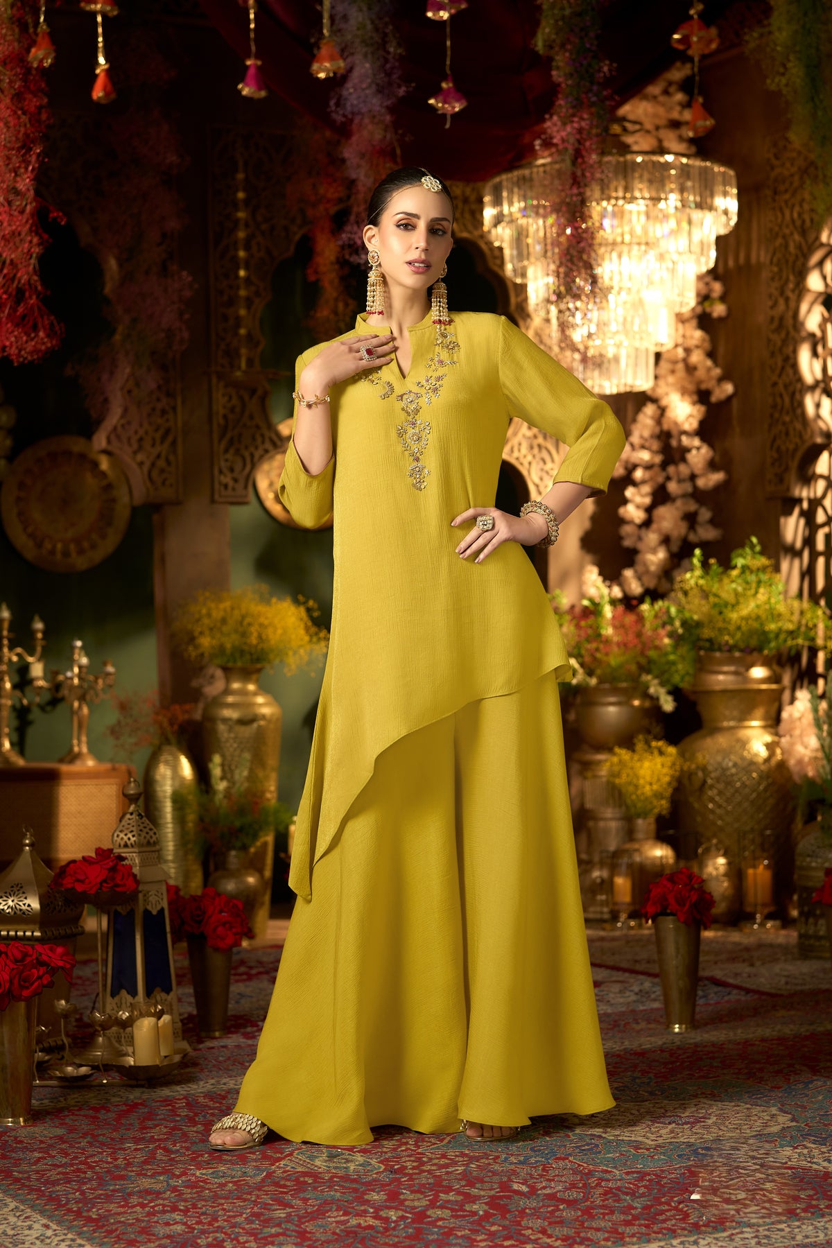 Lime Yellow Embellished Shimmer Silk Palazzo Set