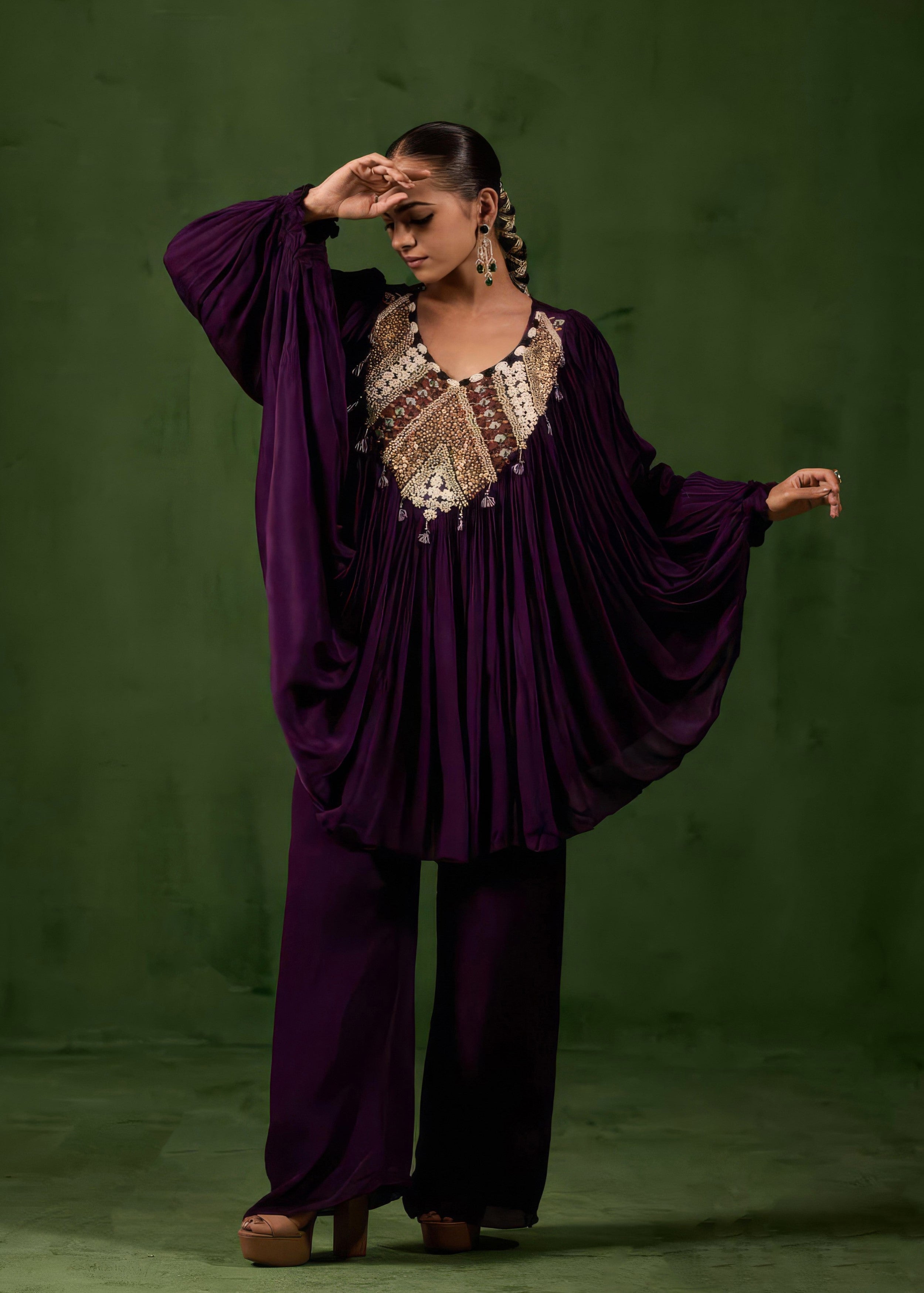 Dark Purple Embellished Chinon Silk Kaftan Set
