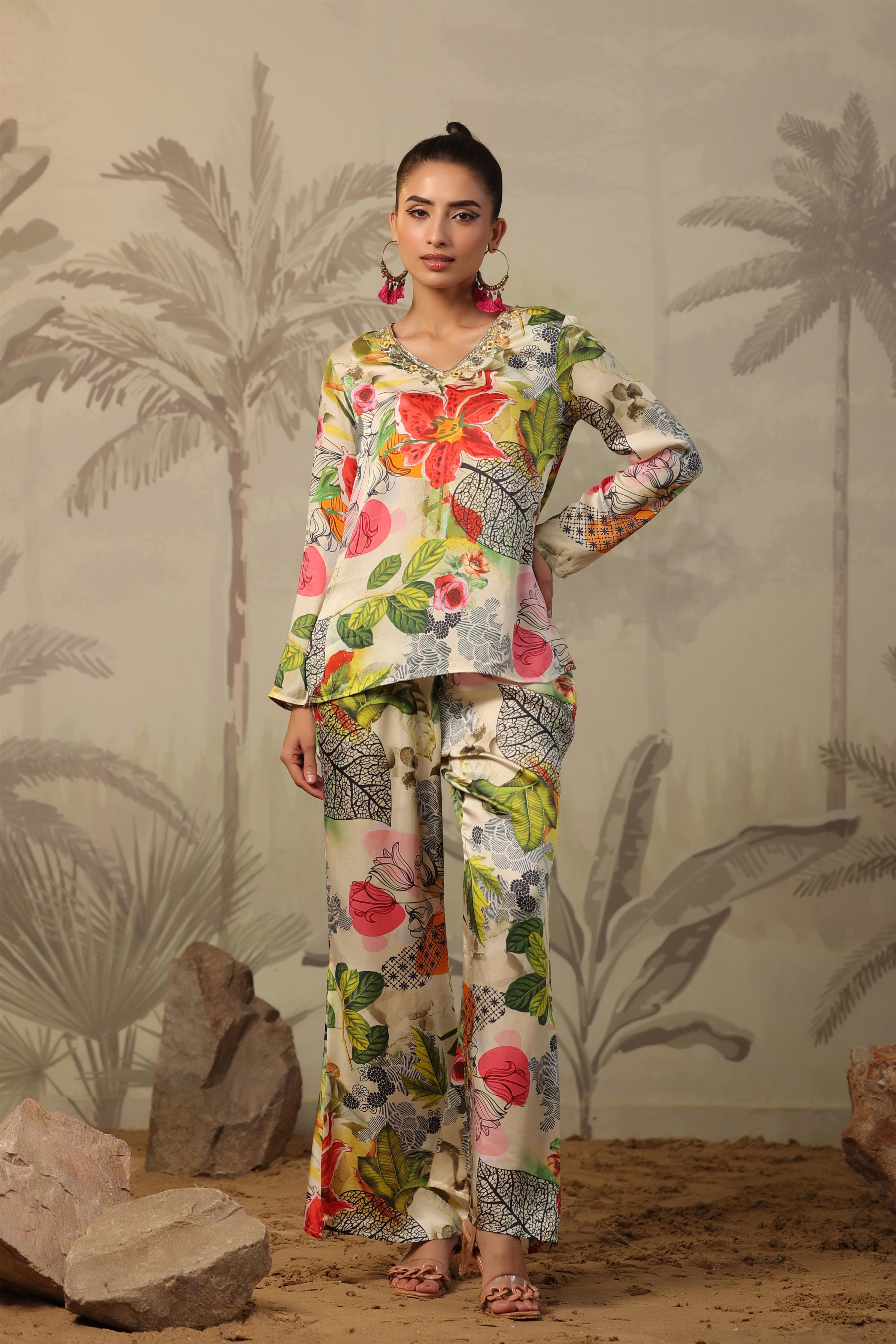 Multi Floral Printed Satin Silk Co-Ord Set