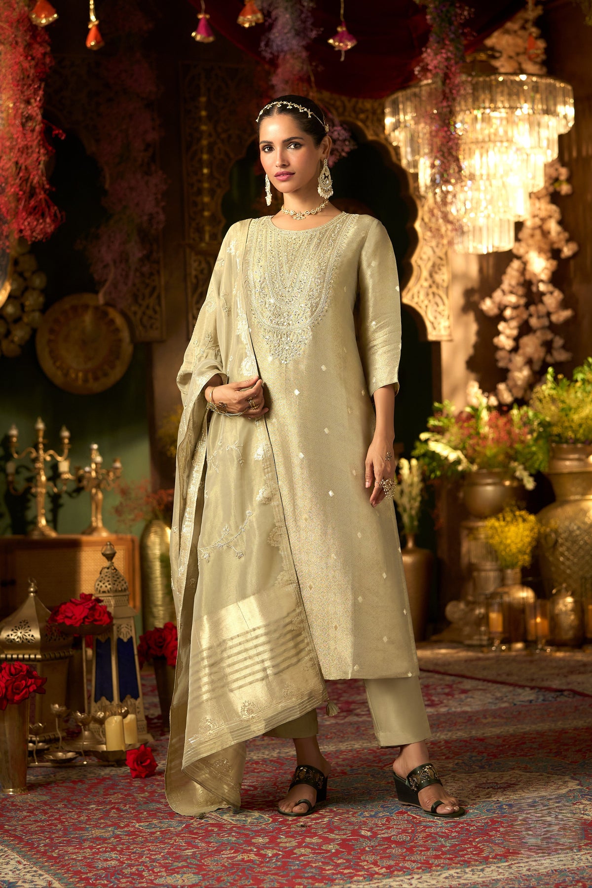 Metallic Sage Embellished Shimmer Tissue Silk Pant Set