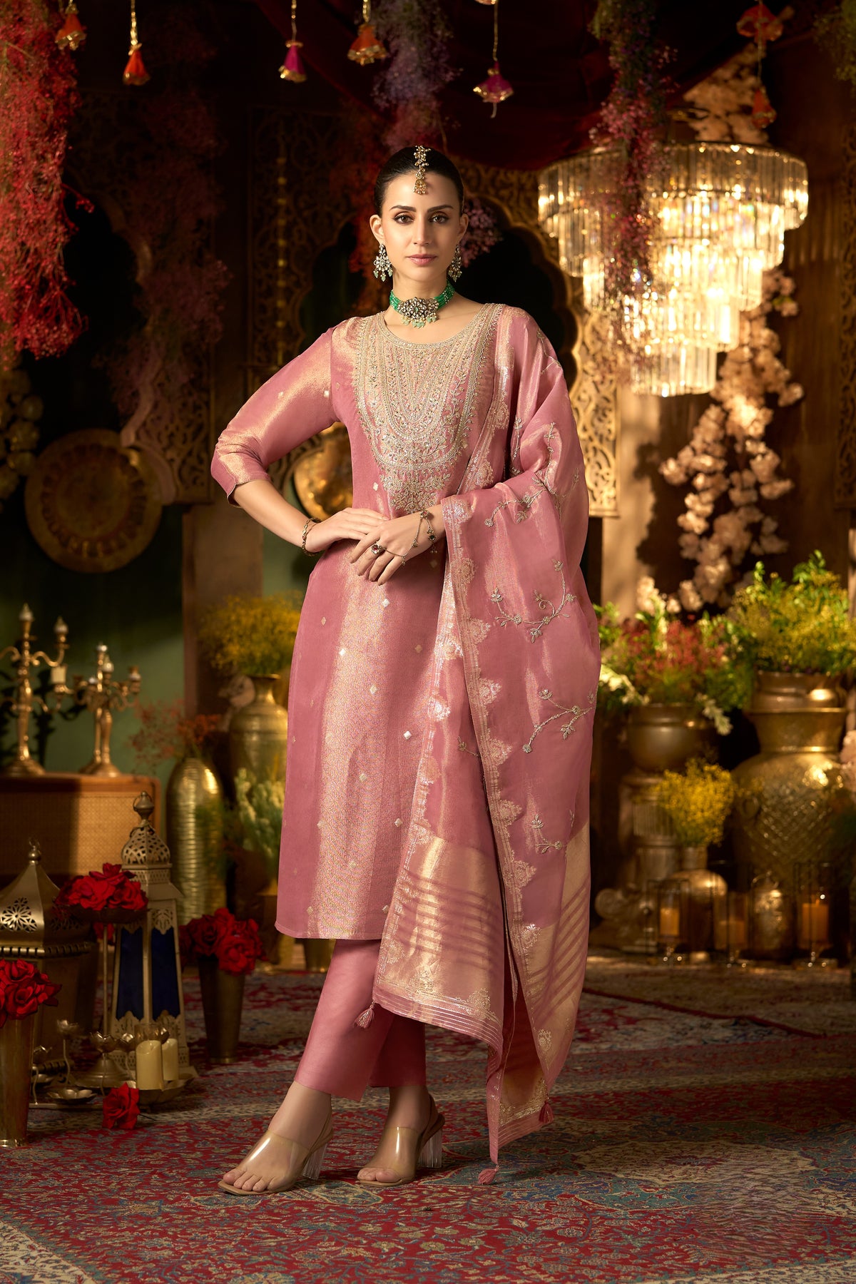 Dusty Rose Embellished Shimmer Tissue Silk Pant Set