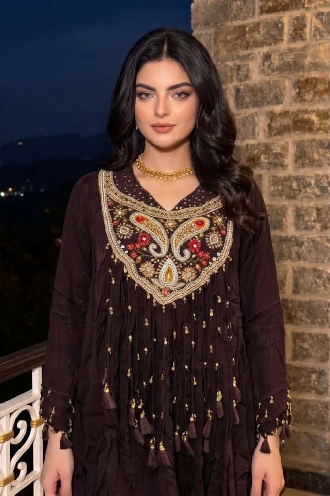 Dark Brown Embellished Chinon Silk Dhoti Set