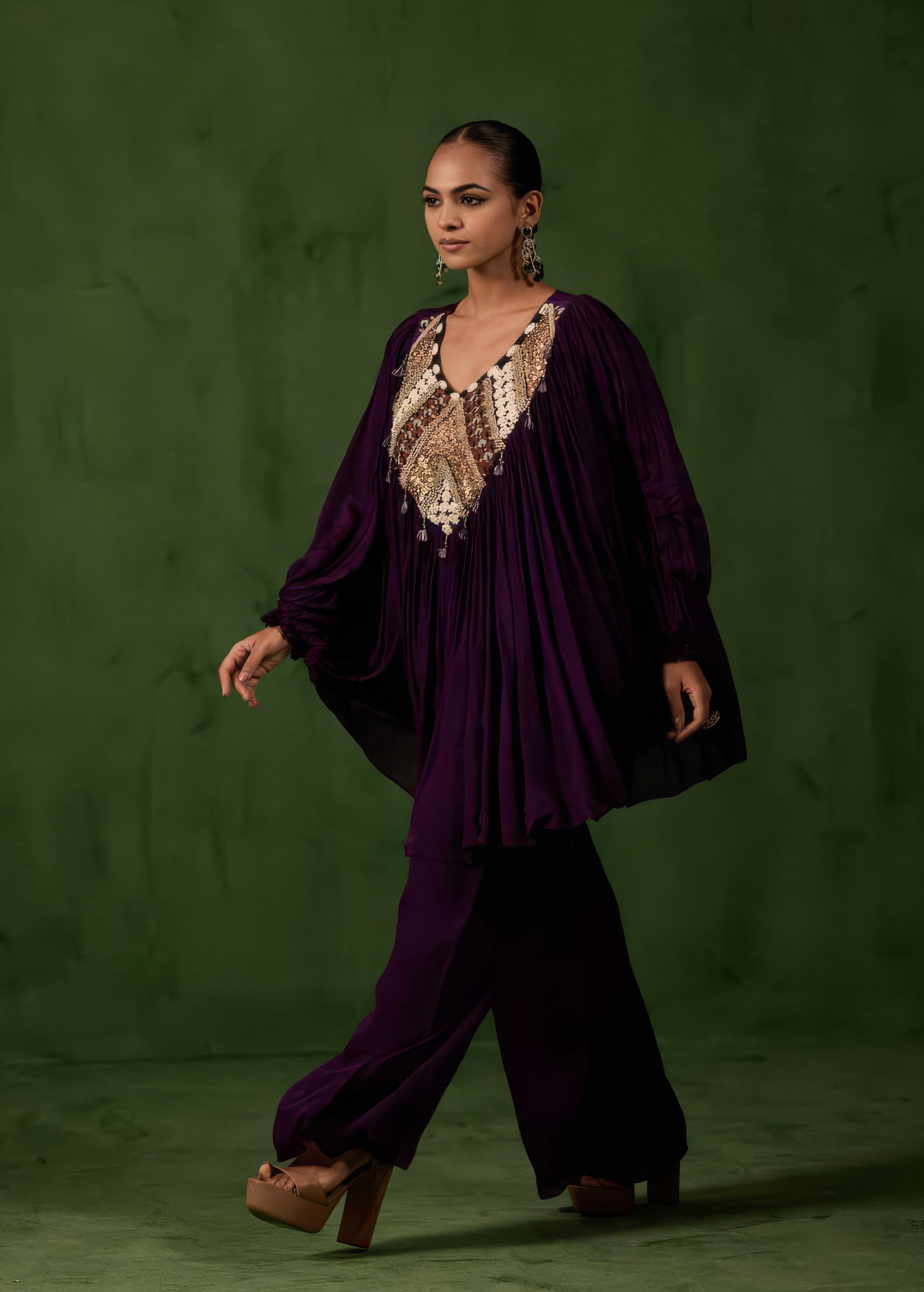 Dark Purple Embellished Chinon Silk Kaftan Set
