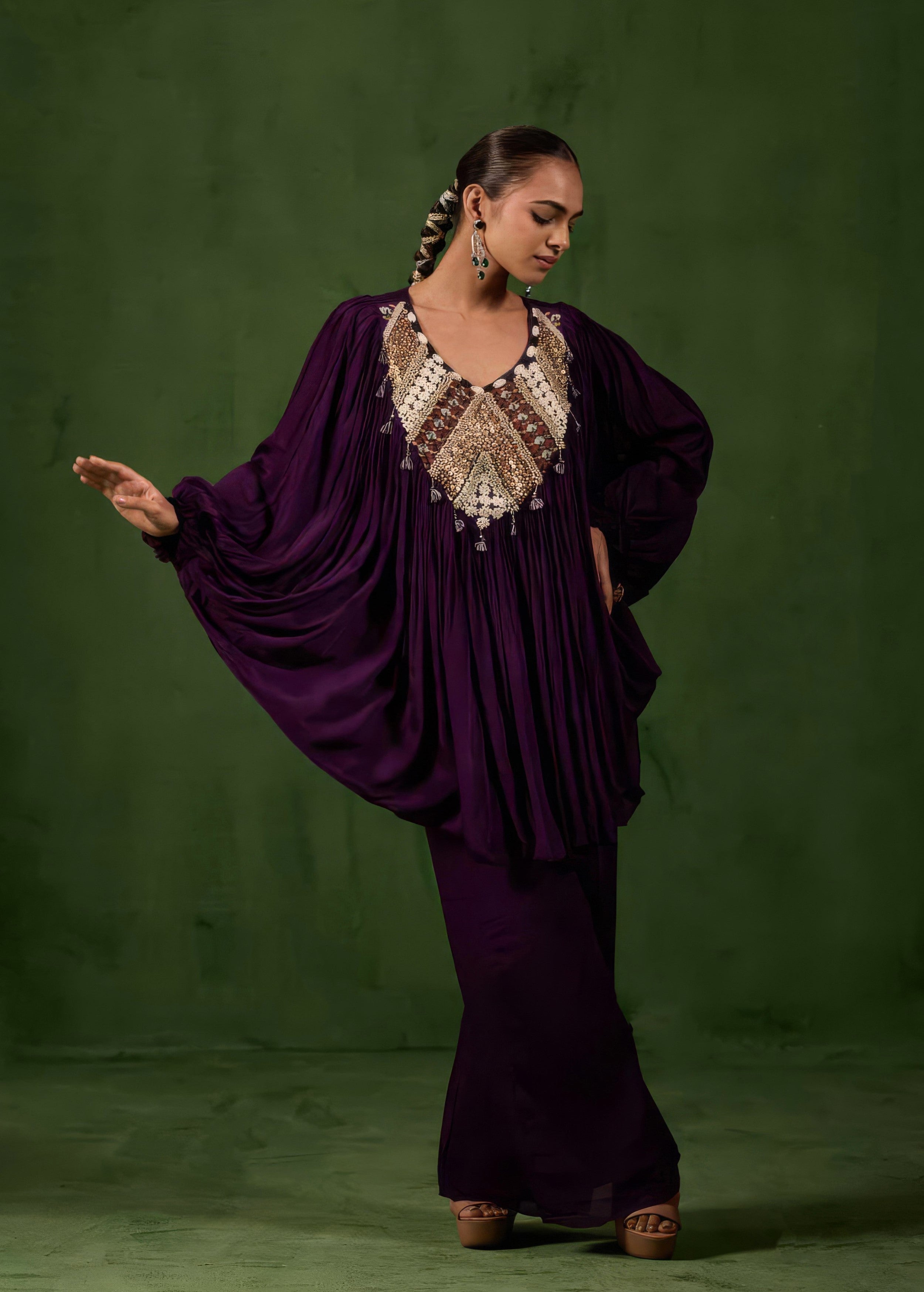 Dark Purple Embellished Chinon Silk Kaftan Set