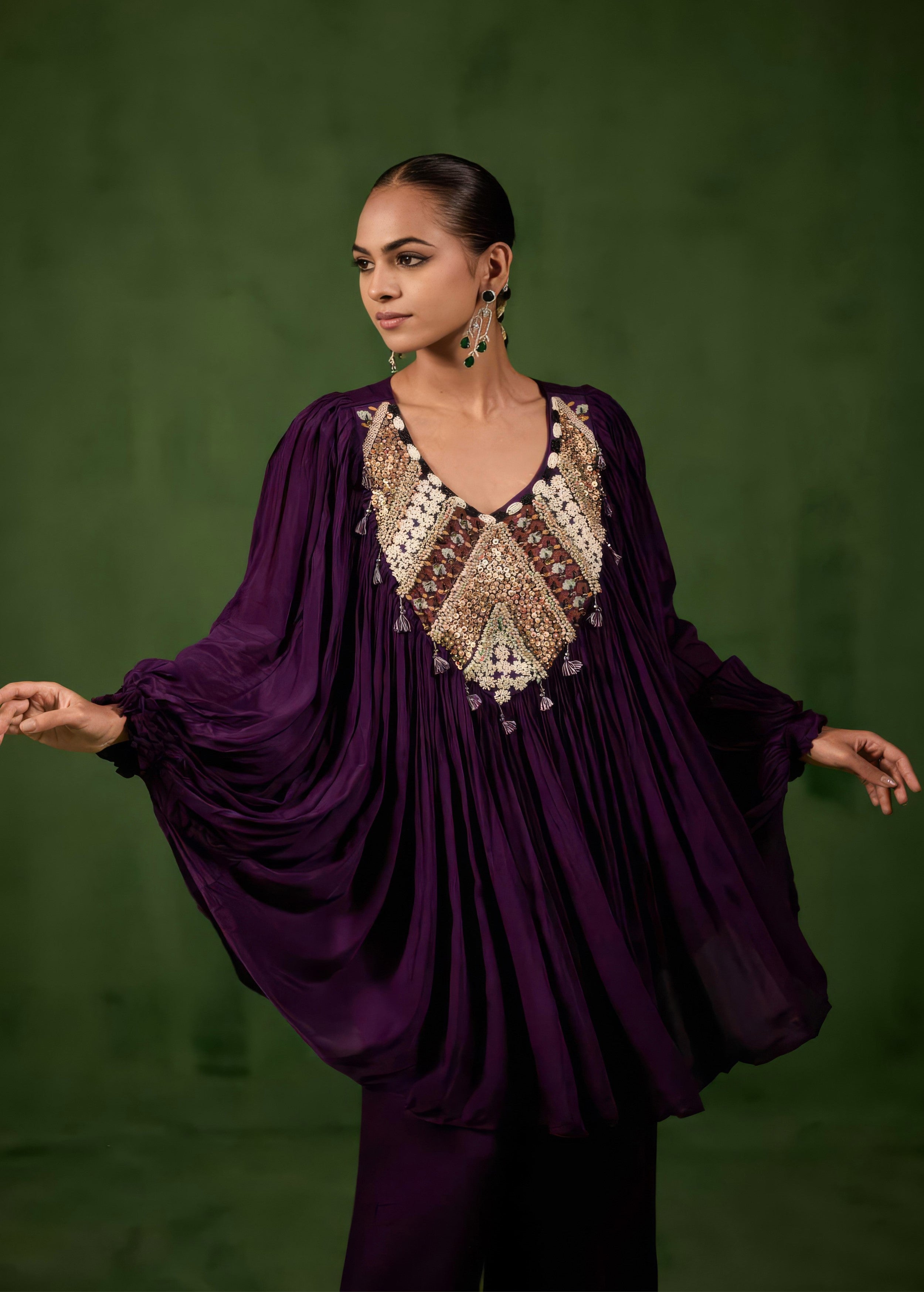 Dark Purple Embellished Chinon Silk Kaftan Set