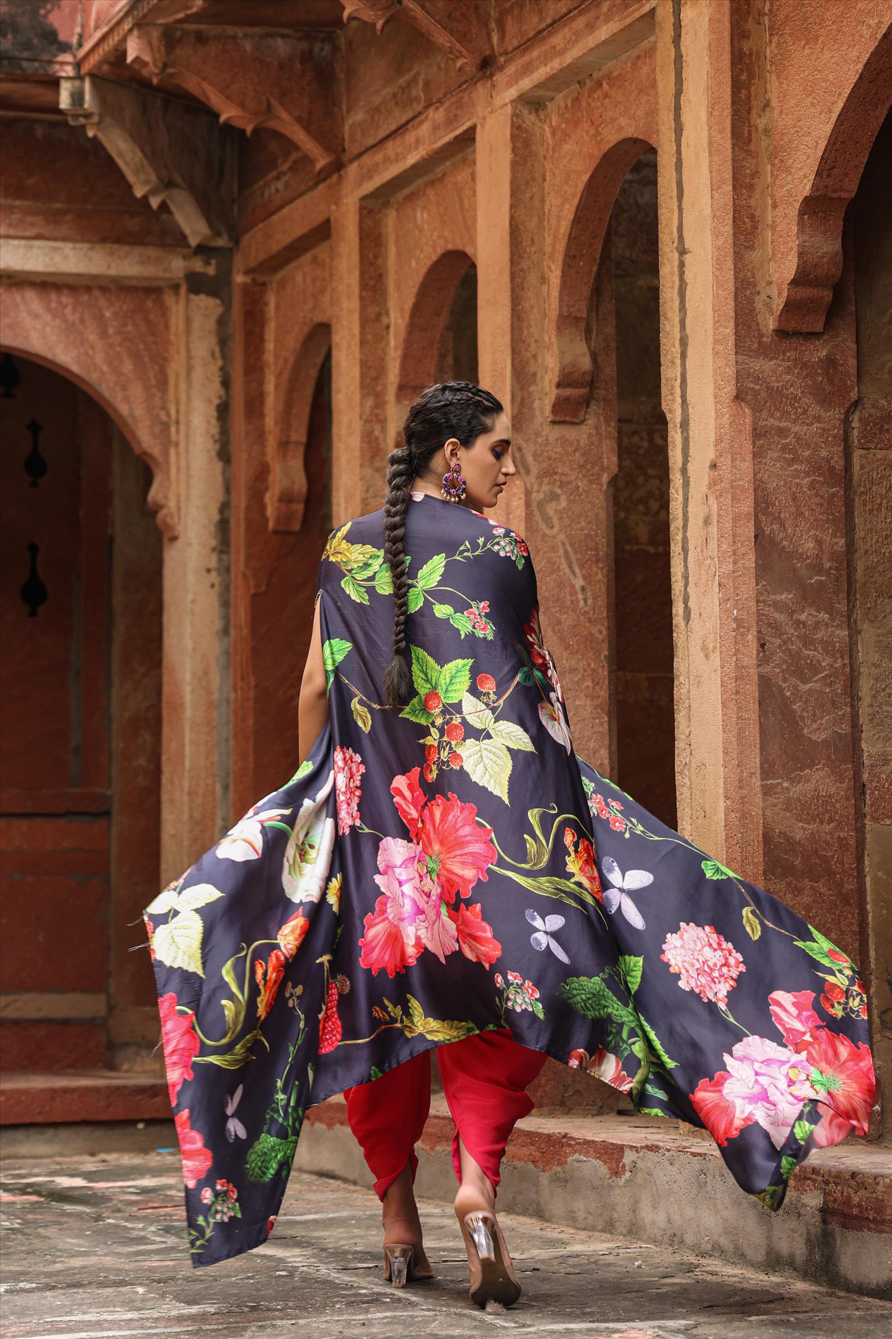 Red Floral Printed Chinon Silk Dhoti Cape Set