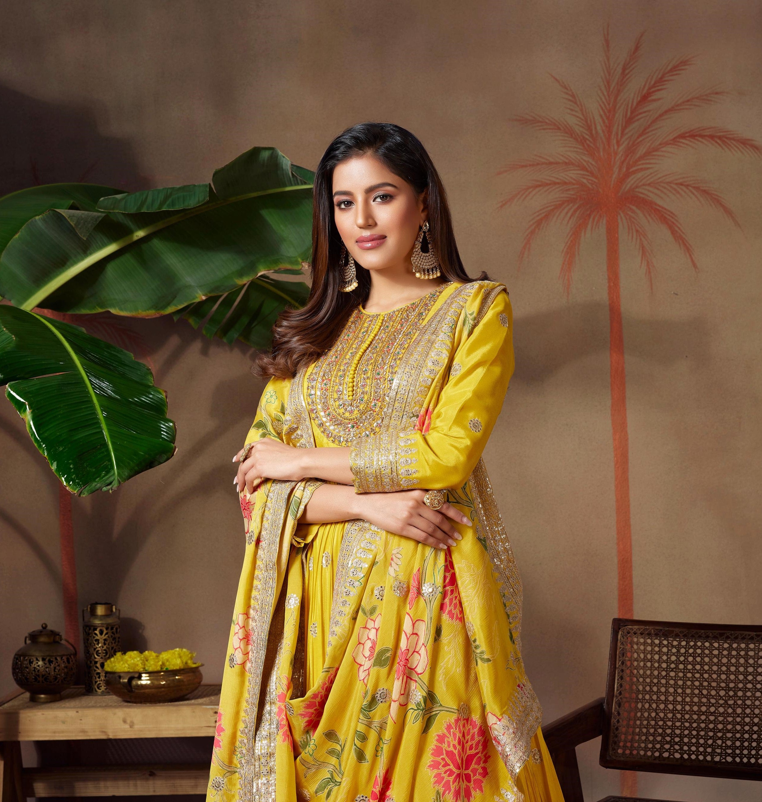 Classic Yellow Embellished Chinon Silk Anarkali Set
